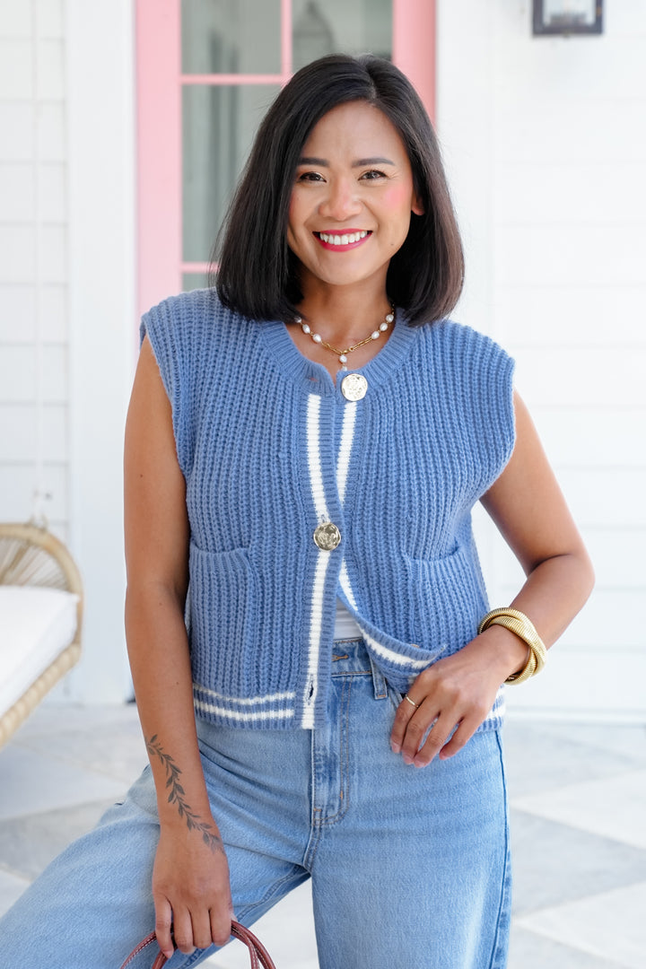 Sleeveless Button Down Sweater Vest with Stripe Detail