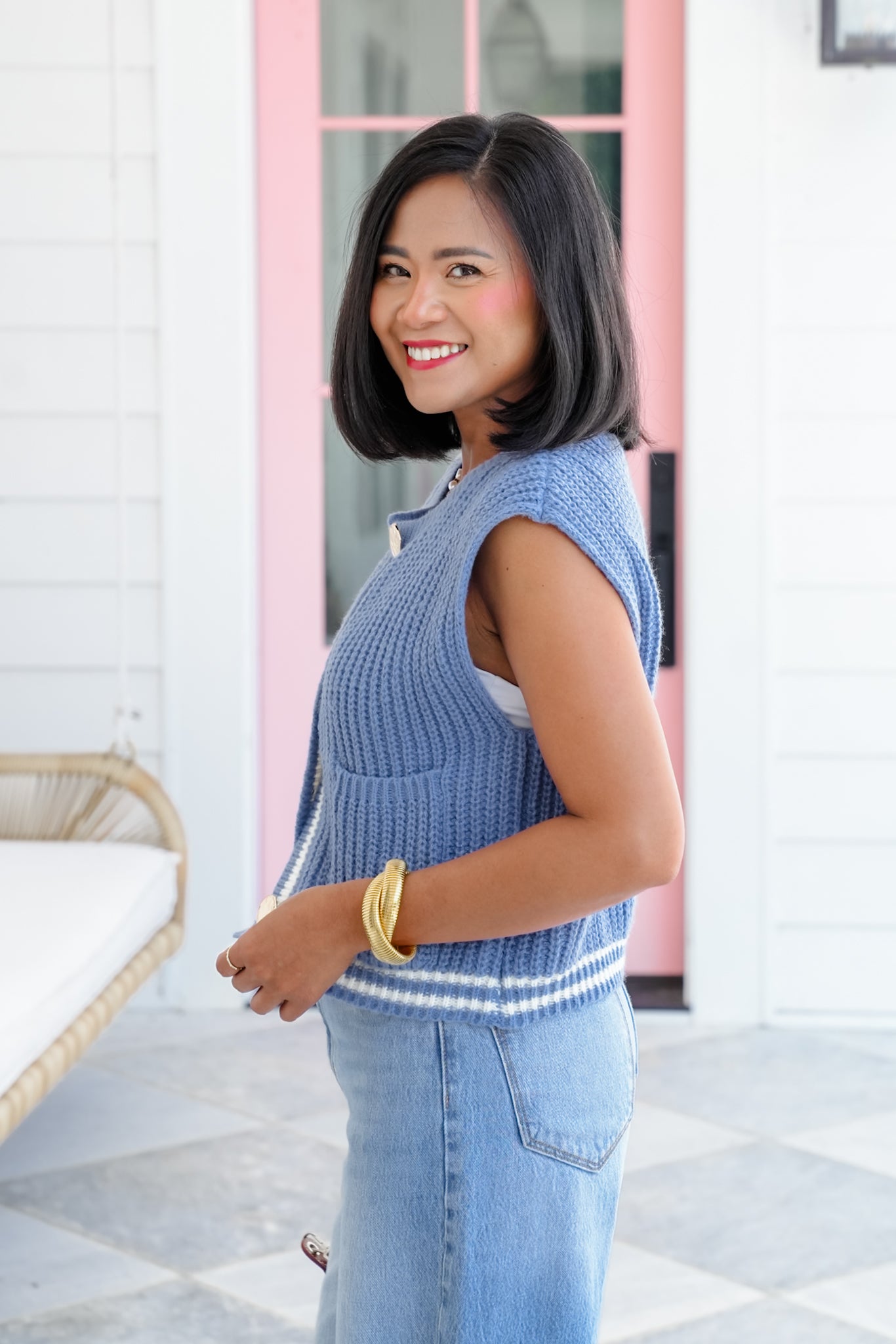 Sleeveless Button Down Sweater Vest with Stripe Detail