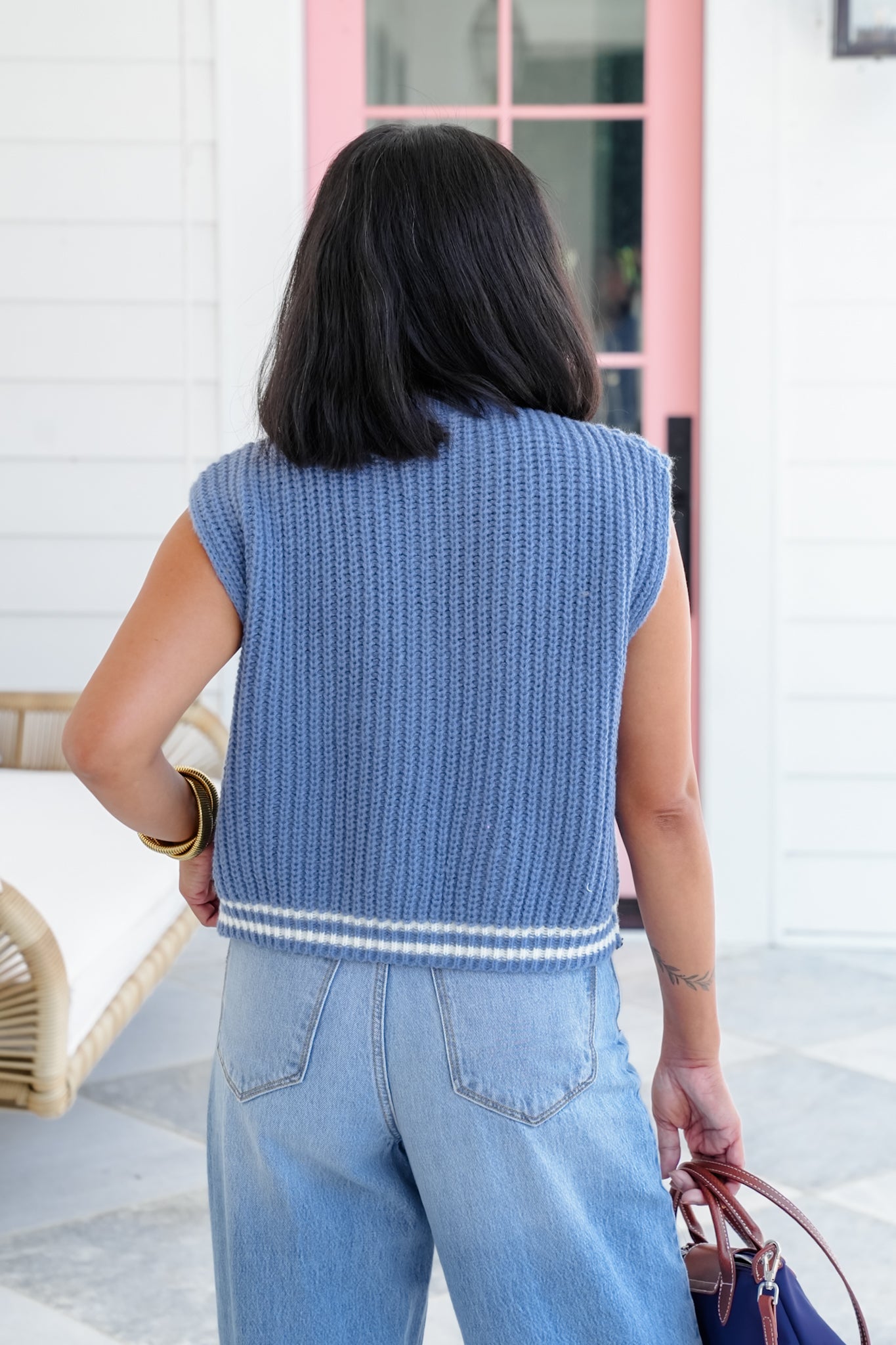 Sleeveless Button Down Sweater Vest with Stripe Detail
