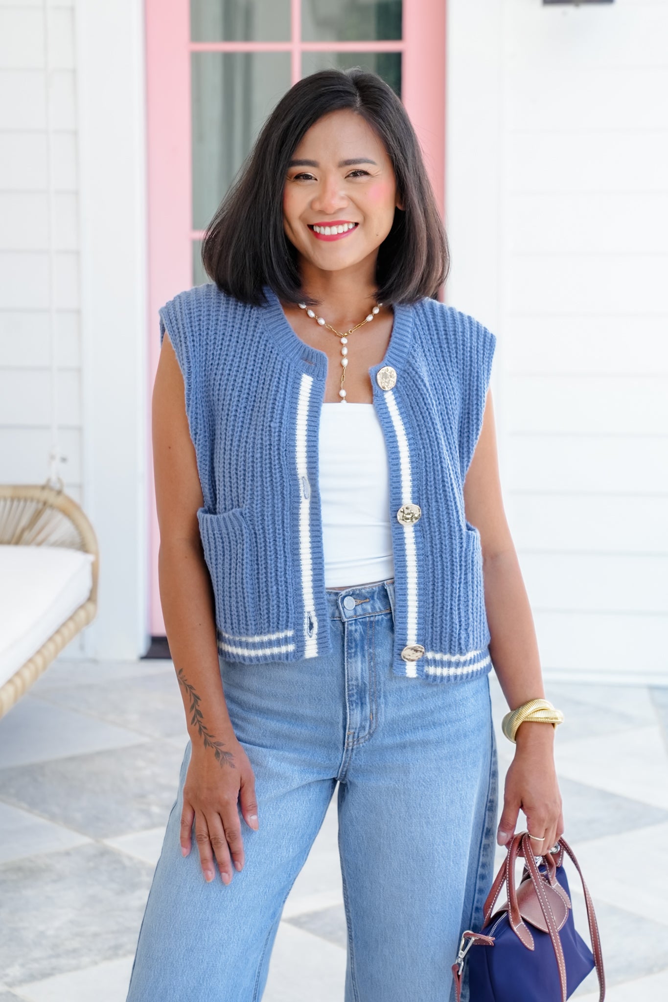 Sleeveless Button Down Sweater Vest with Stripe Detail
