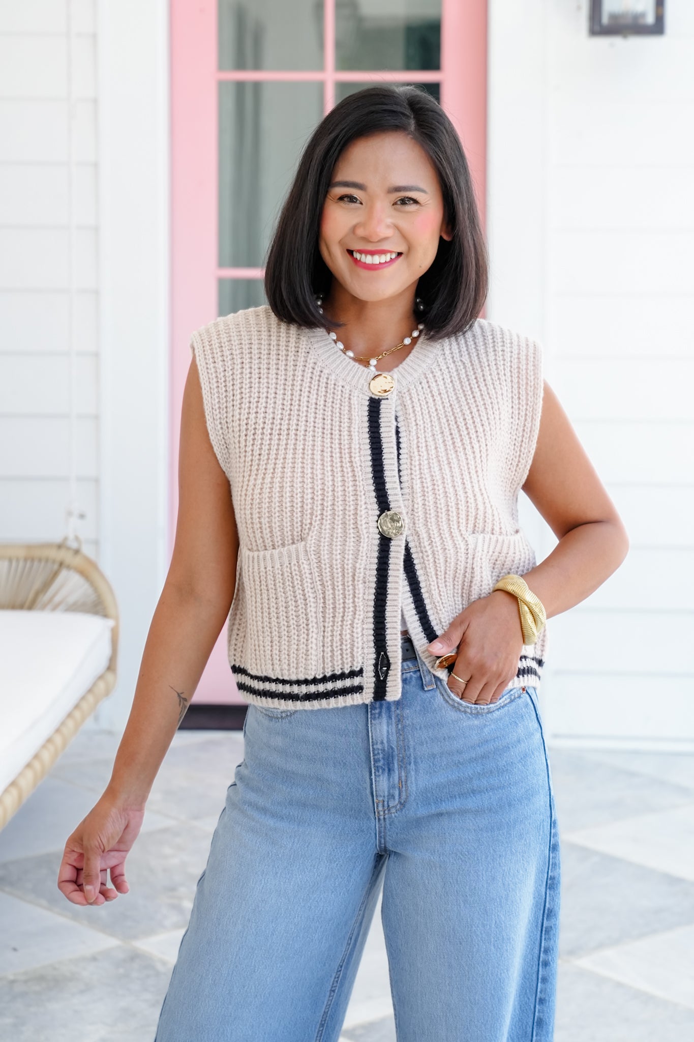 Sleeveless Button Down Sweater Vest with Stripe Detail