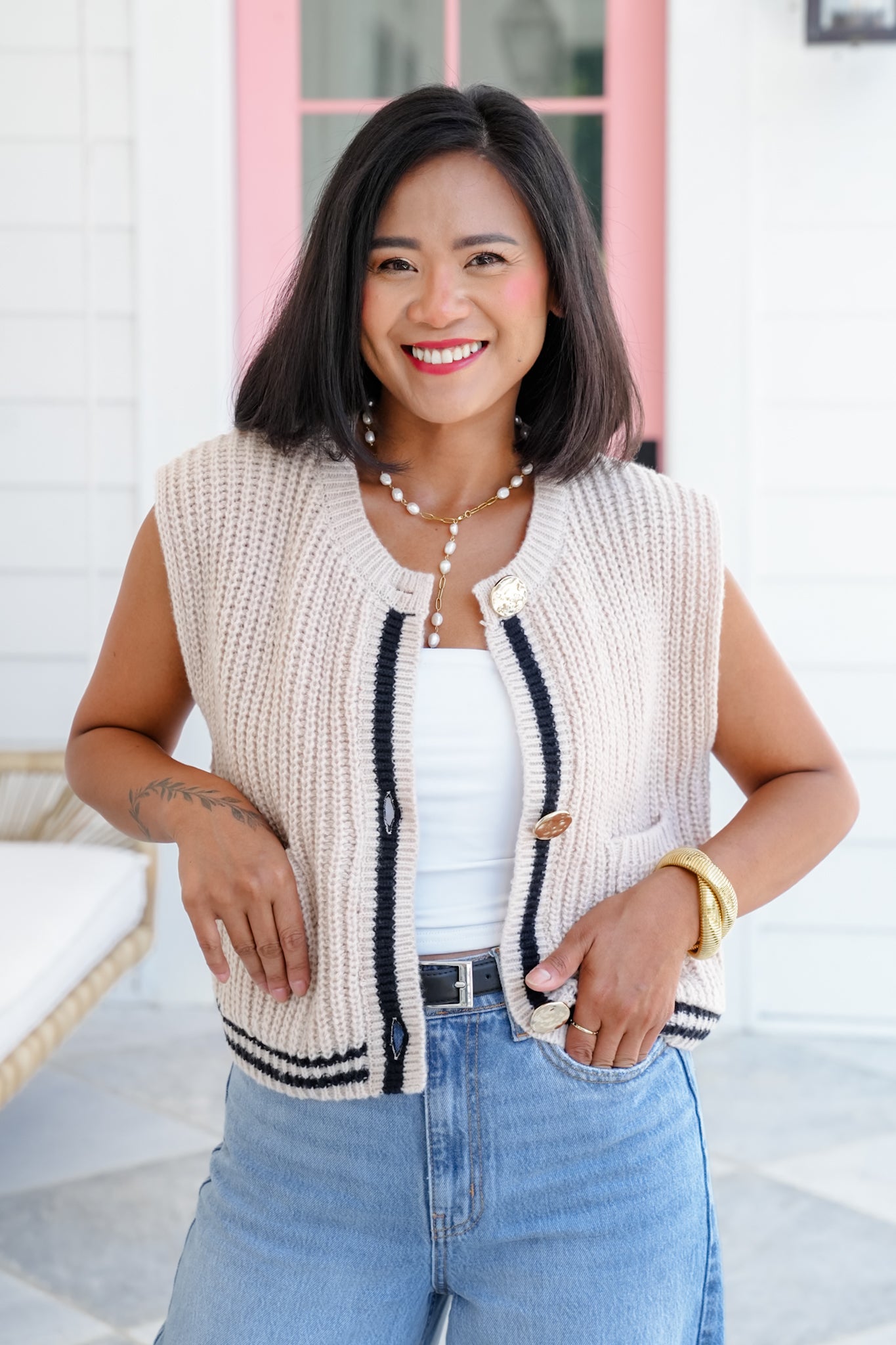 Sleeveless Button Down Sweater Vest with Stripe Detail