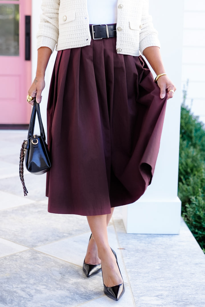 Solid Pleated Midi Skirt With Belt