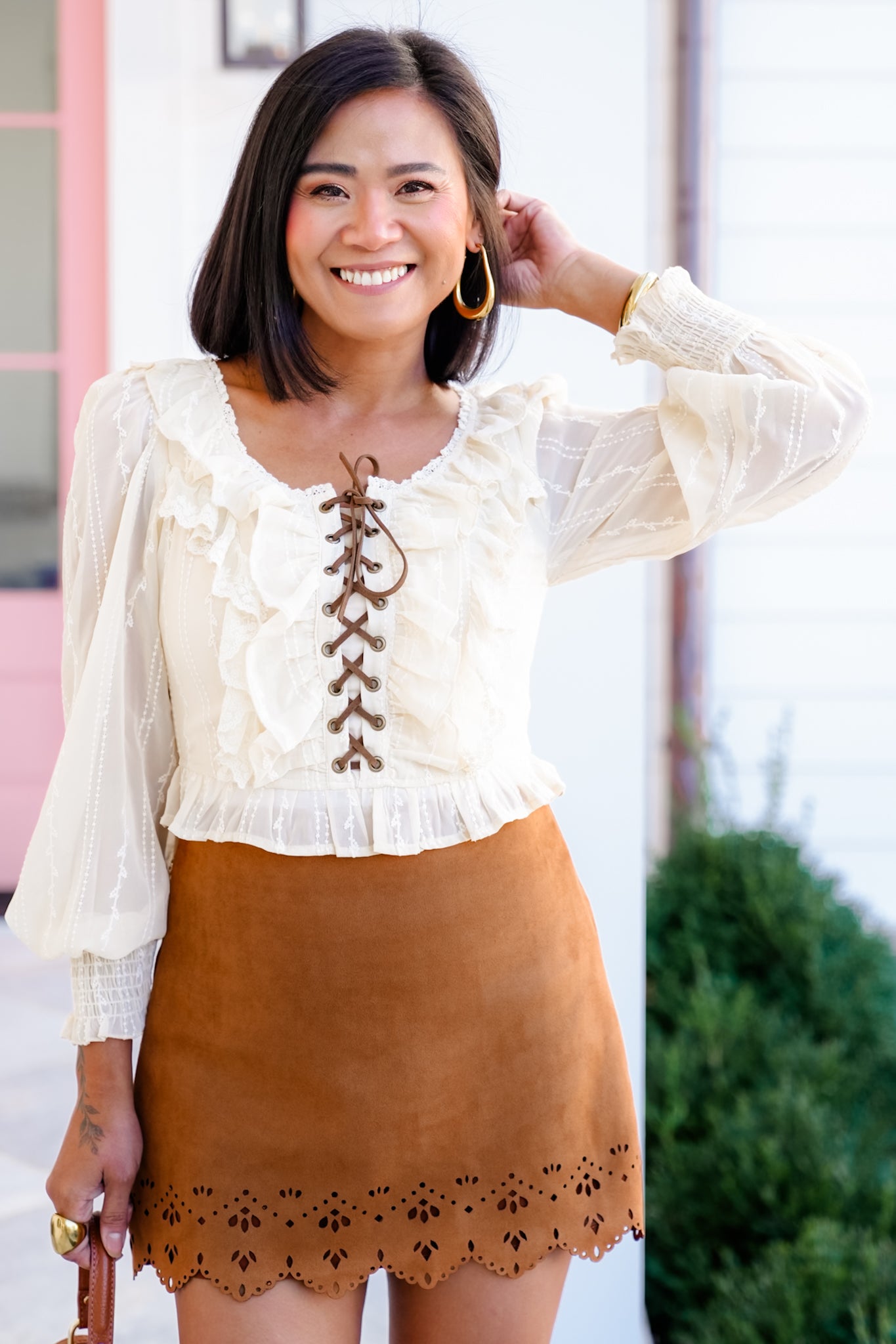 Long Sleeve Lace-Up Ruffle Blouse