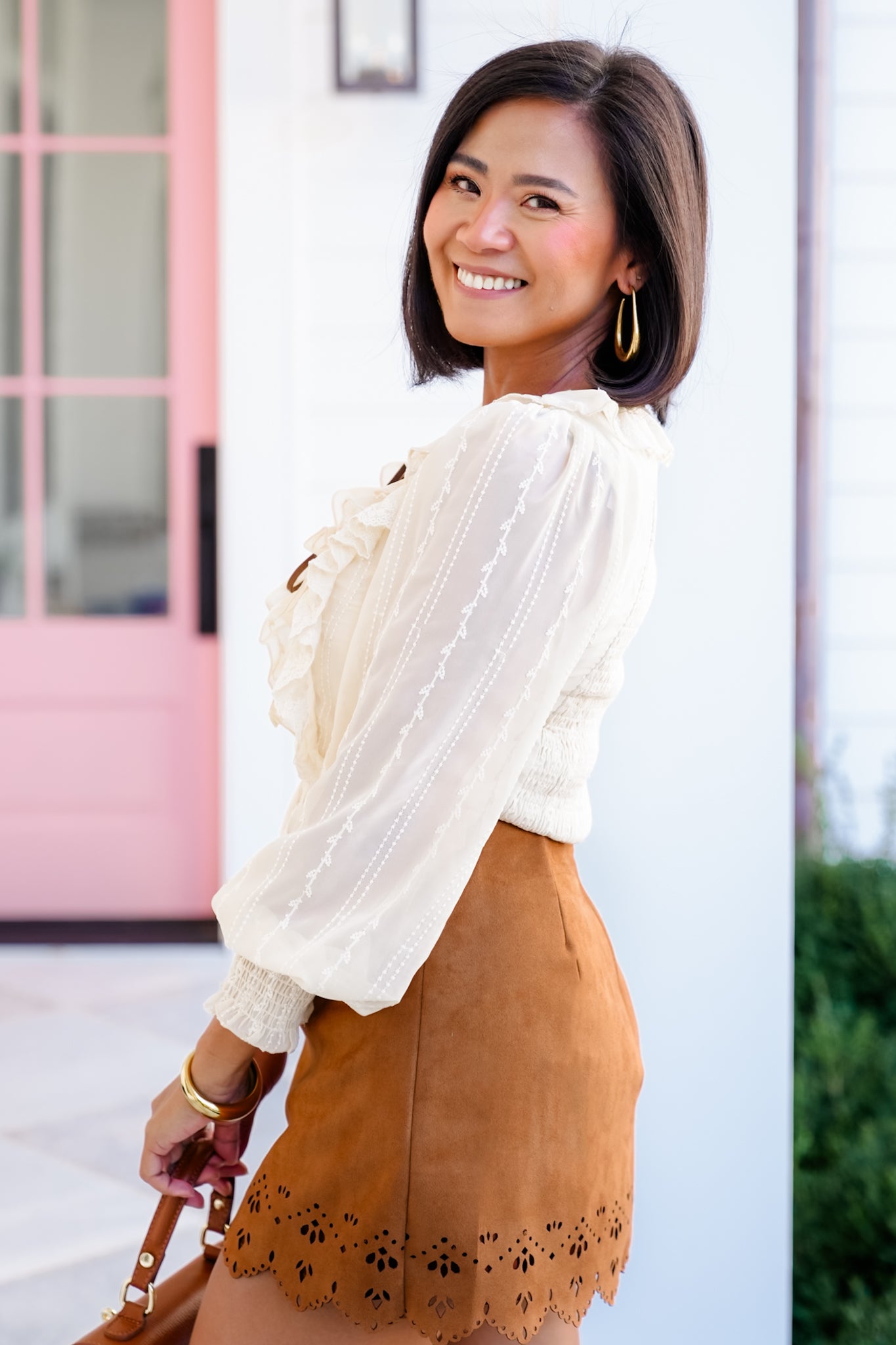 Long Sleeve Lace-Up Ruffle Blouse
