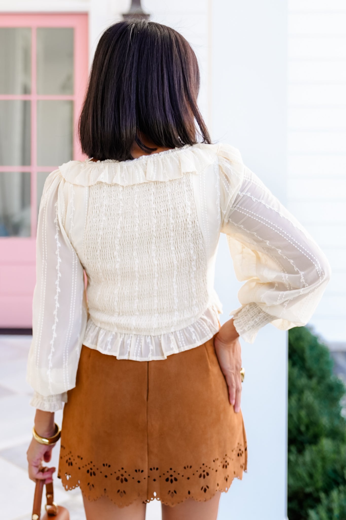 Long Sleeve Lace-Up Ruffle Blouse