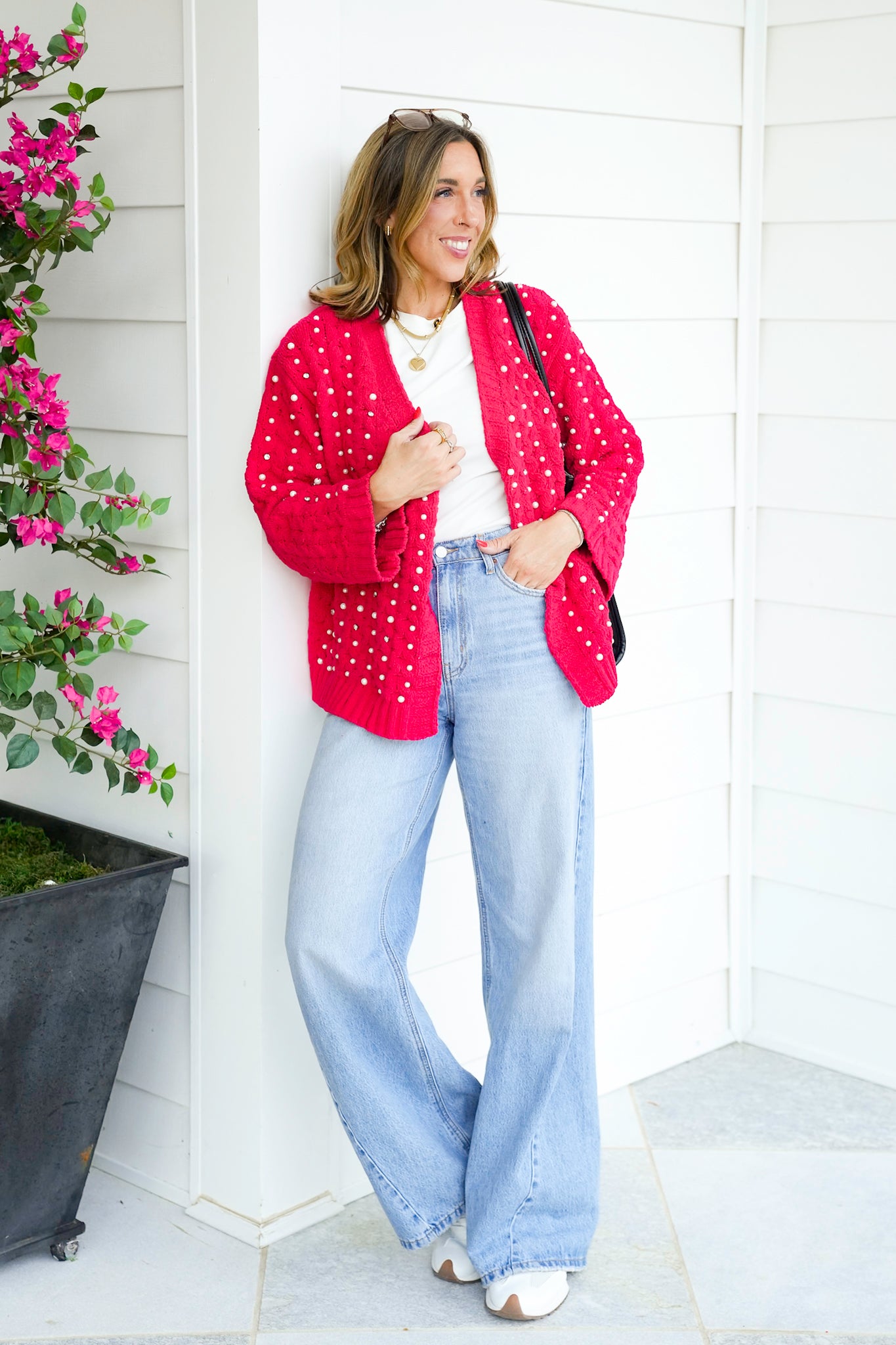 POL Solid Long Sleeve Open Cardigan with Pearl Detail