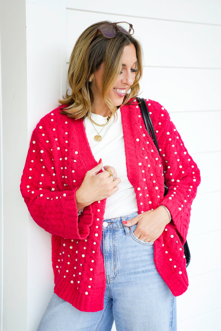 POL Solid Long Sleeve Open Cardigan with Pearl Detail