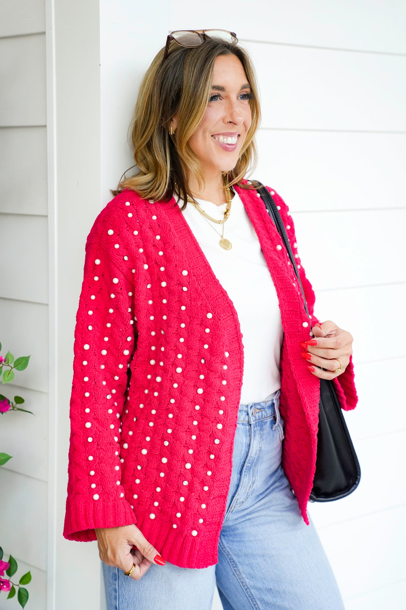 POL Solid Long Sleeve Open Cardigan with Pearl Detail