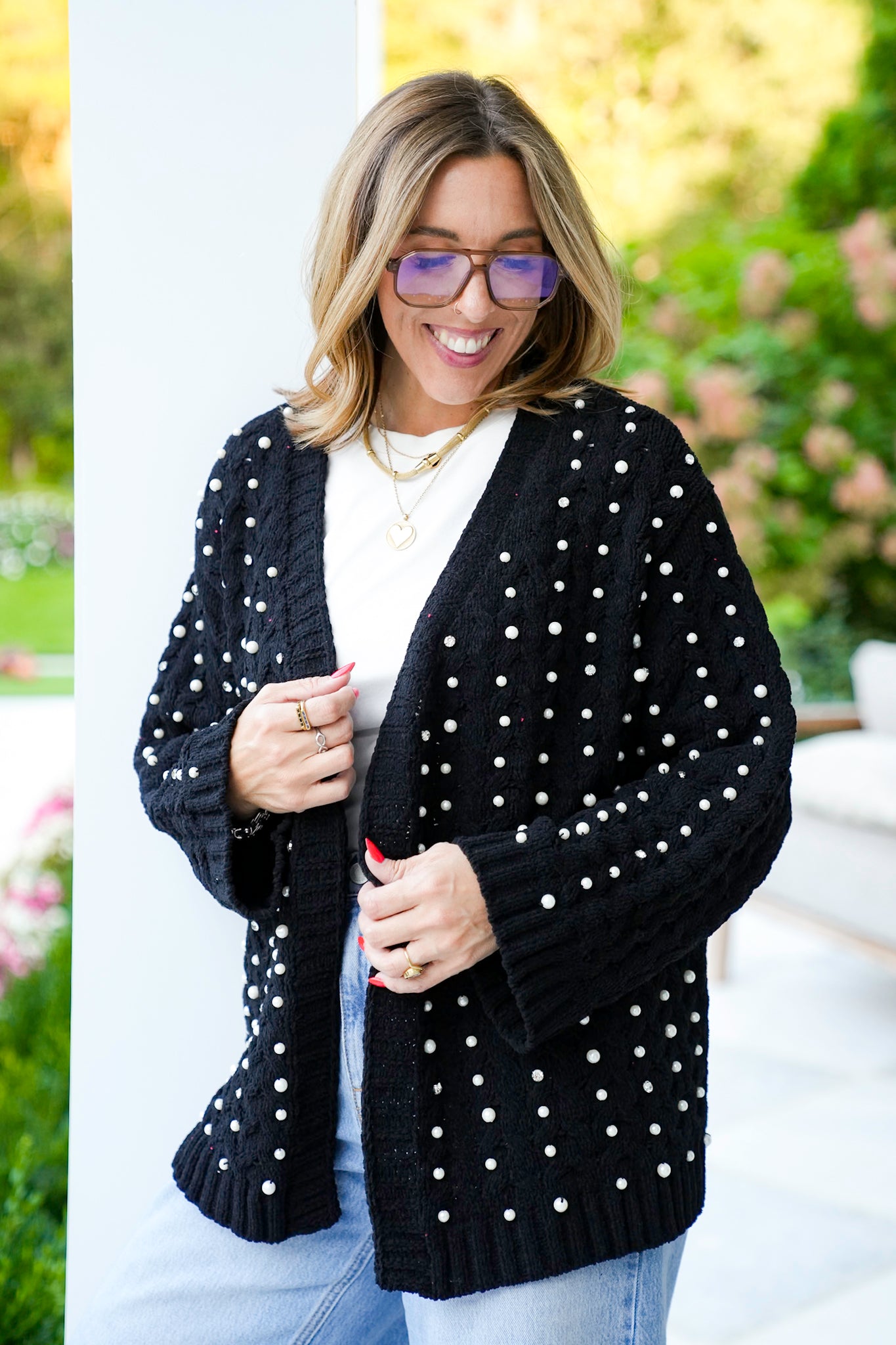 POL Solid Long Sleeve Open Cardigan with Pearl Detail