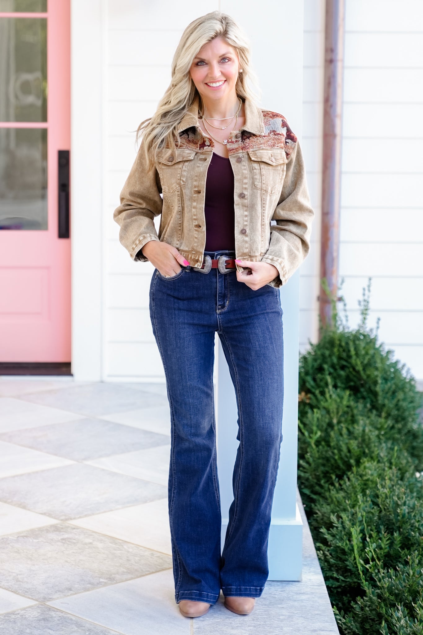 Long Sleeve Cropped Jacket with Western Tapestry