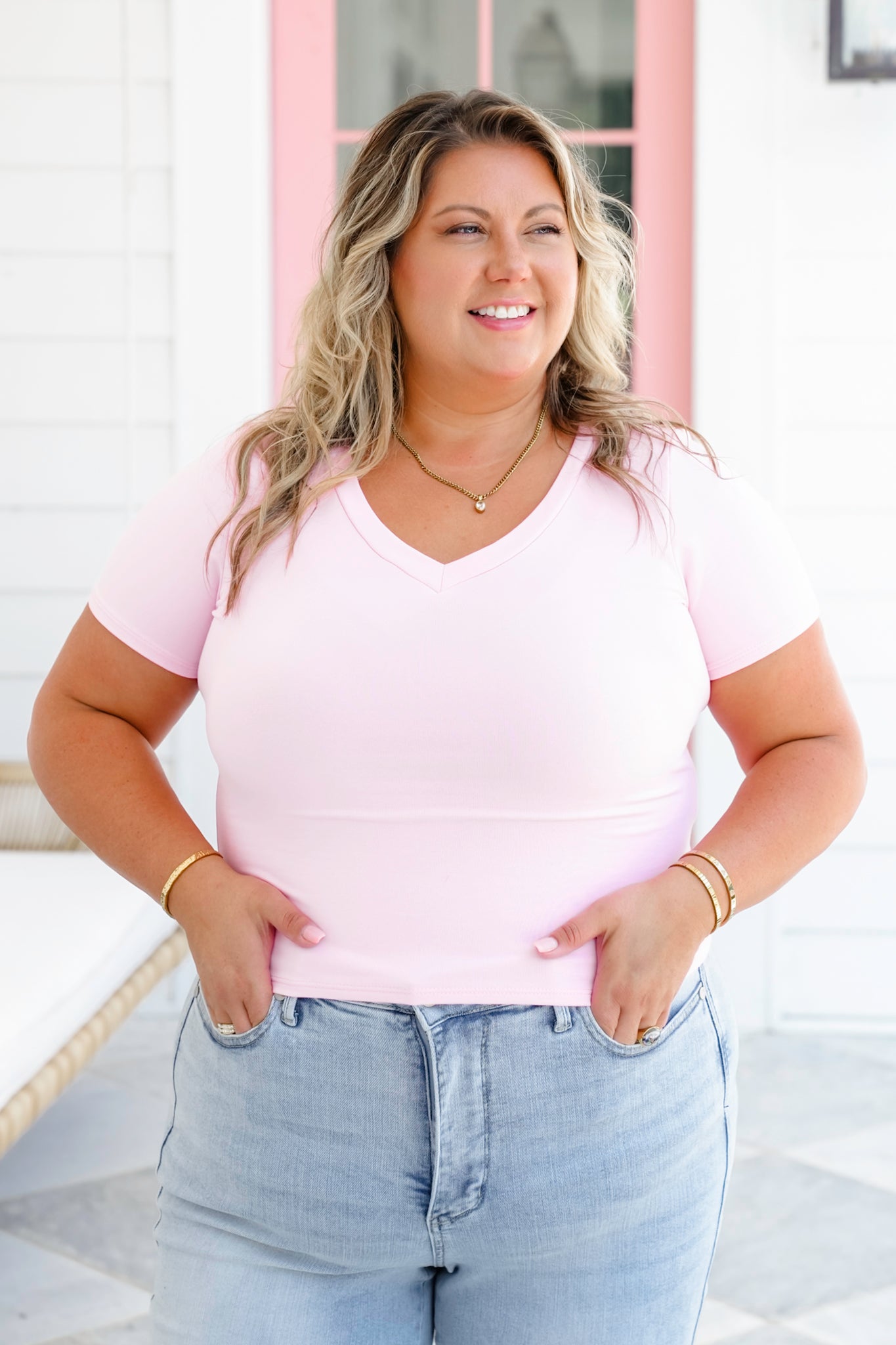 Solid Short Sleeve V-Neck Top