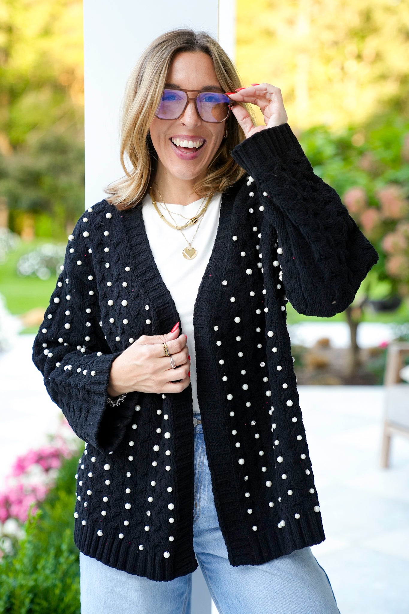 POL Solid Long Sleeve Open Cardigan with Pearl Detail