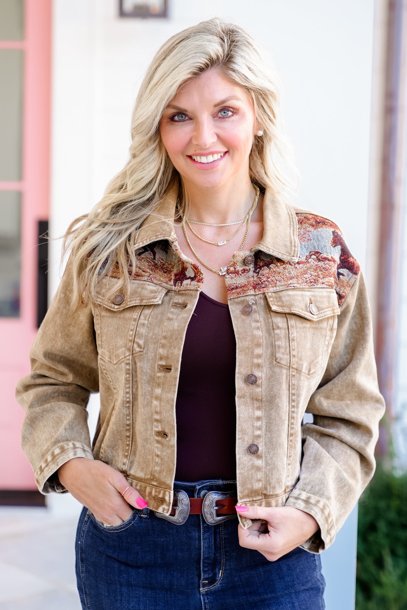 Long Sleeve Cropped Jacket with Western Tapestry