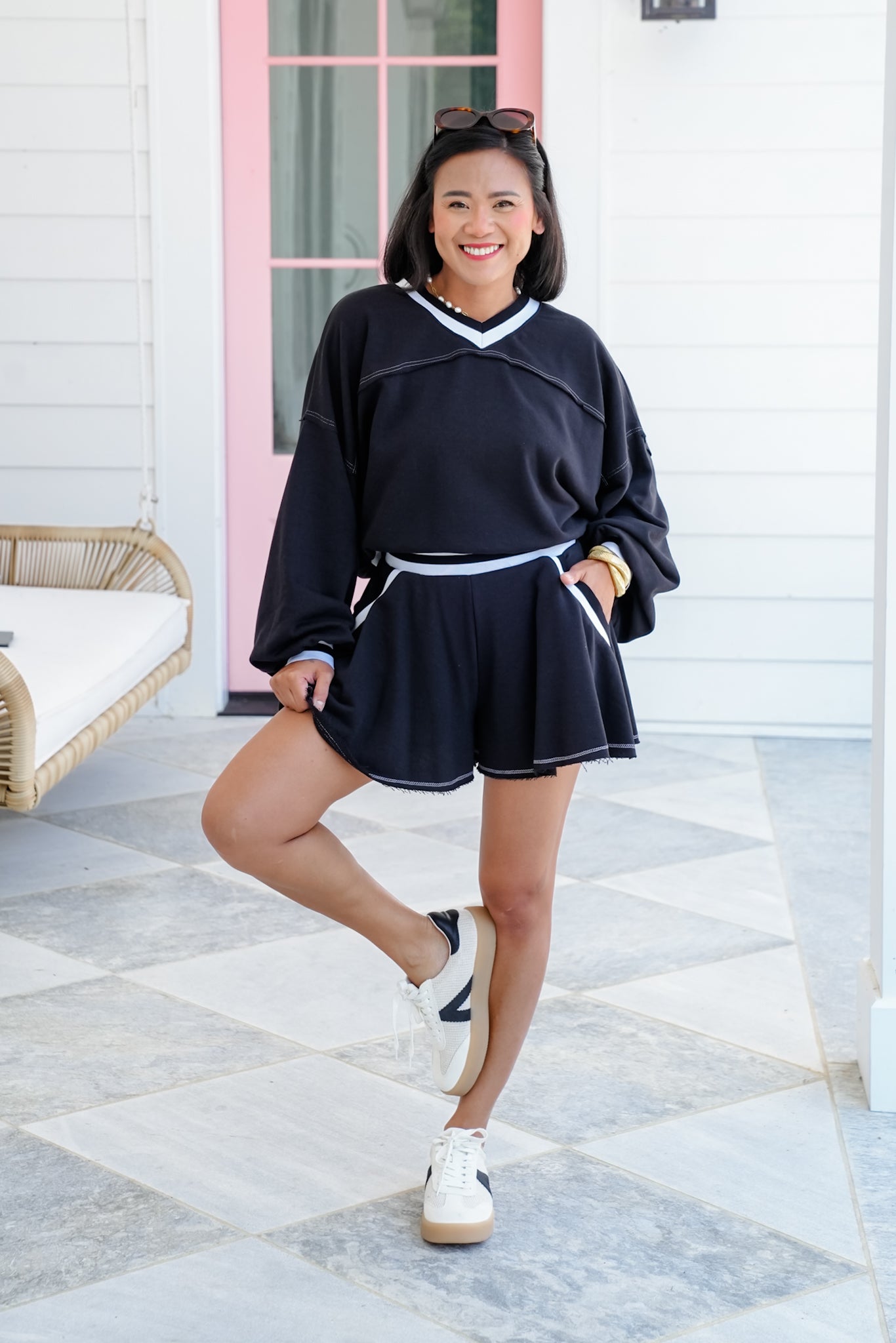 Plus/Reg Long Sleeve V-Neck Top and Flowy Short Set