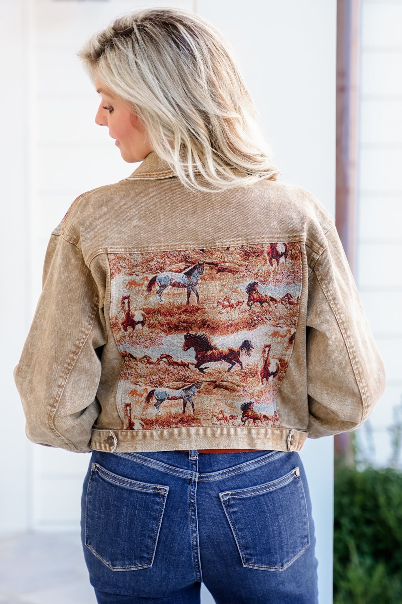 Long Sleeve Cropped Jacket with Western Tapestry