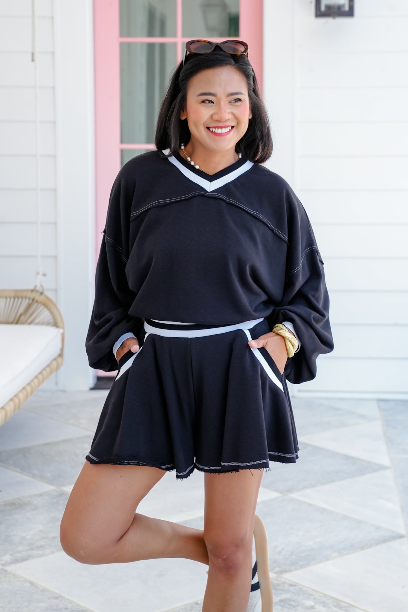 Plus/Reg Long Sleeve V-Neck Top and Flowy Short Set