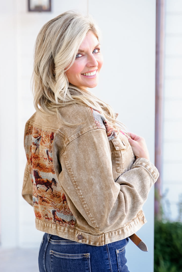 Long Sleeve Cropped Jacket with Western Tapestry