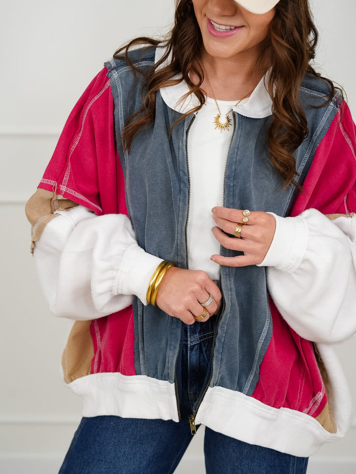 Color Block Long Dolman Sleeve Zip-Up Jacket