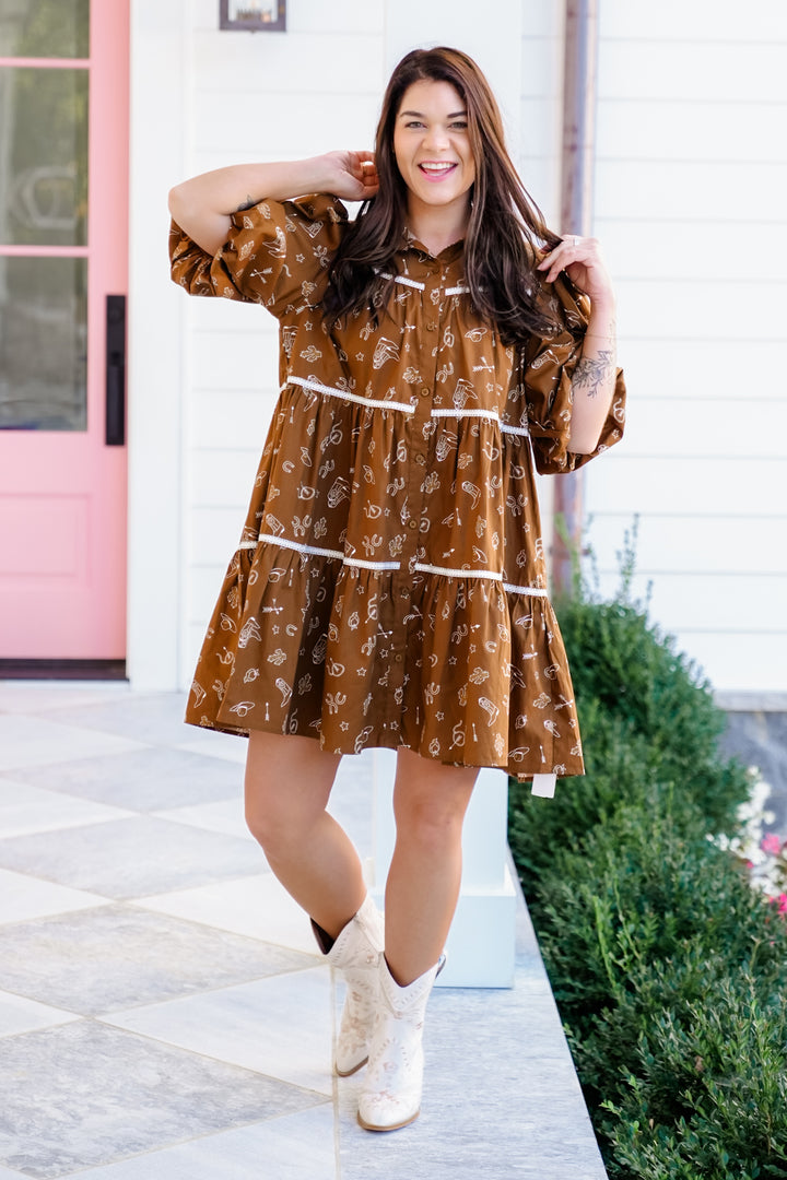 Plus/Reg Western Print Short Puff Sleeve Dress