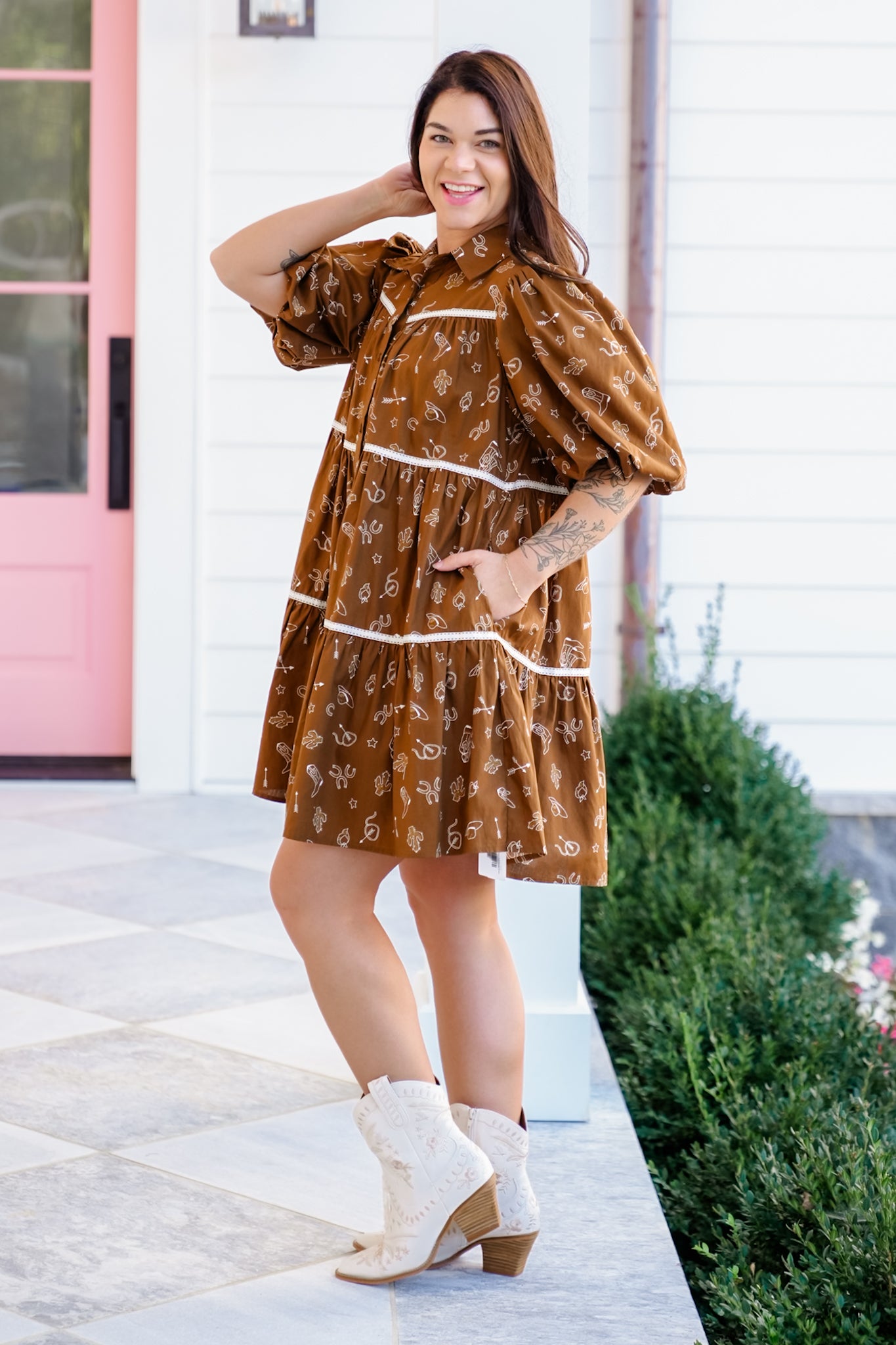 Plus/Reg Western Print Short Puff Sleeve Dress
