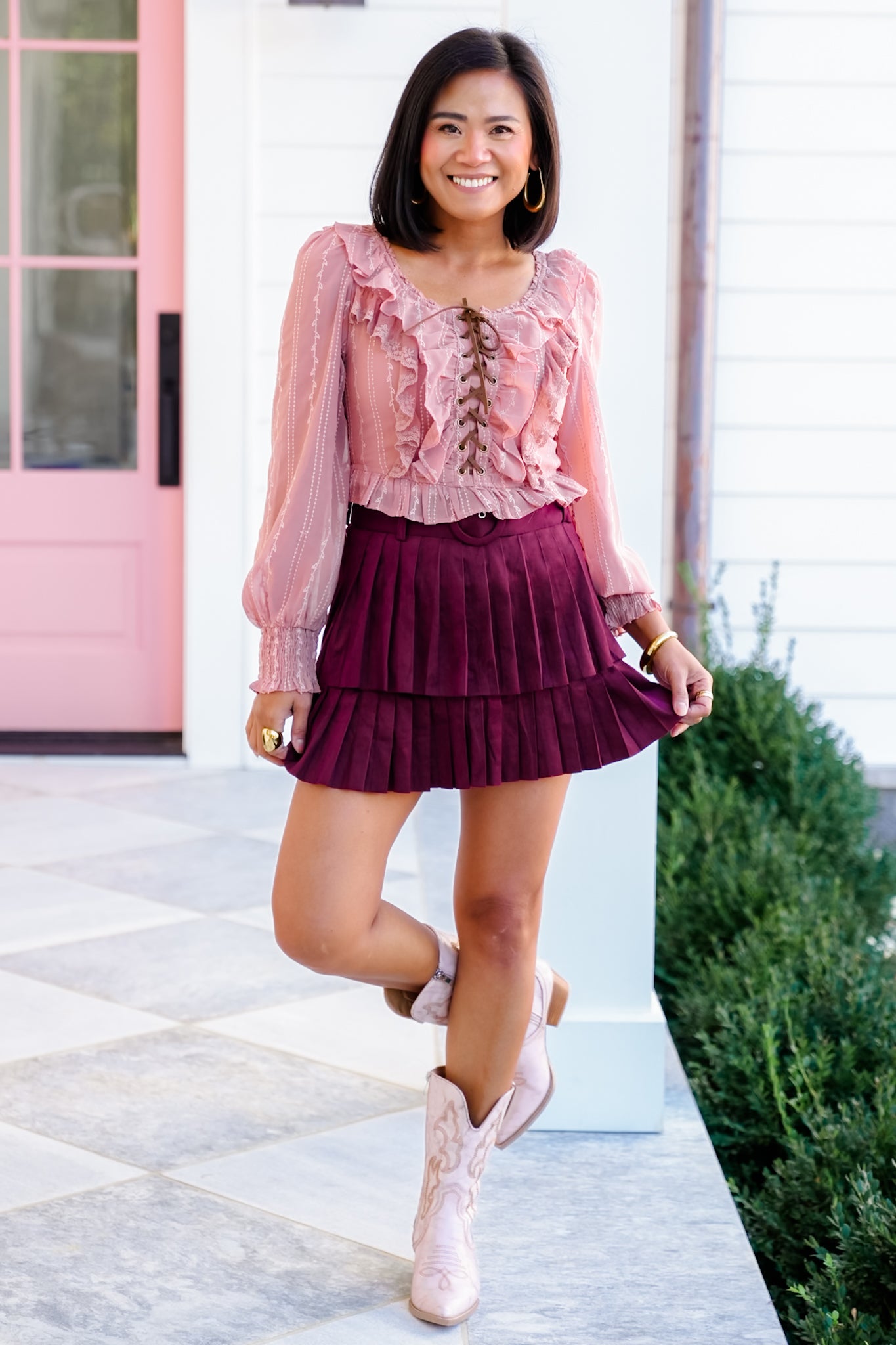 Long Sleeve Lace-Up Ruffle Blouse