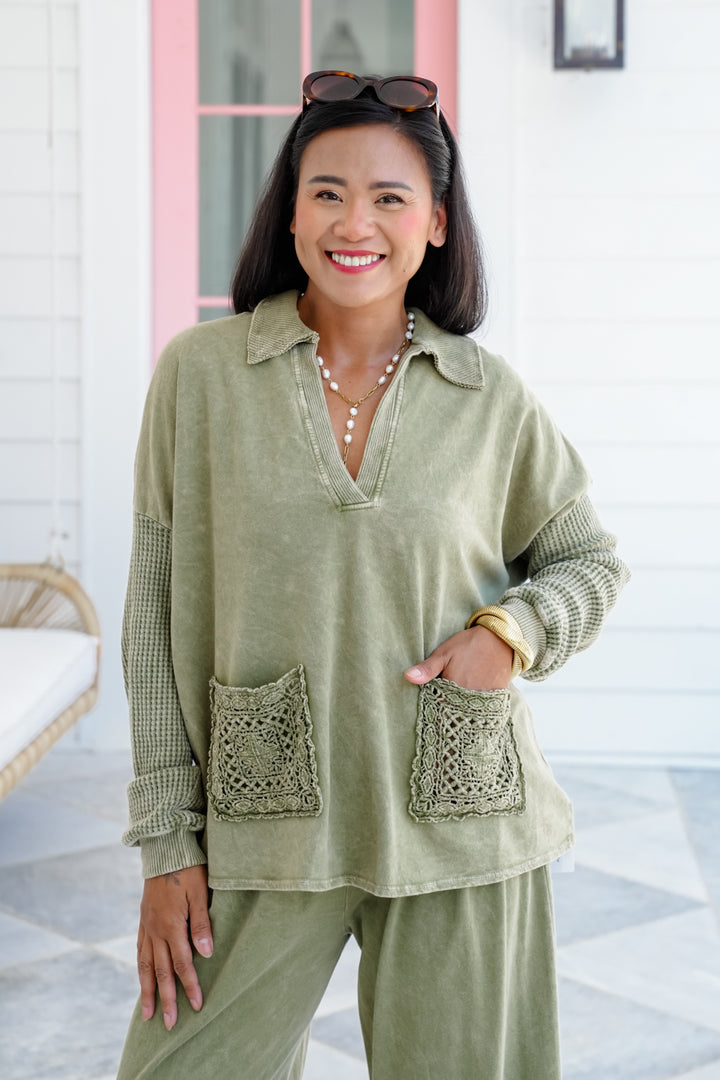 Mineral Wash Long Sleeve V-Neck Top