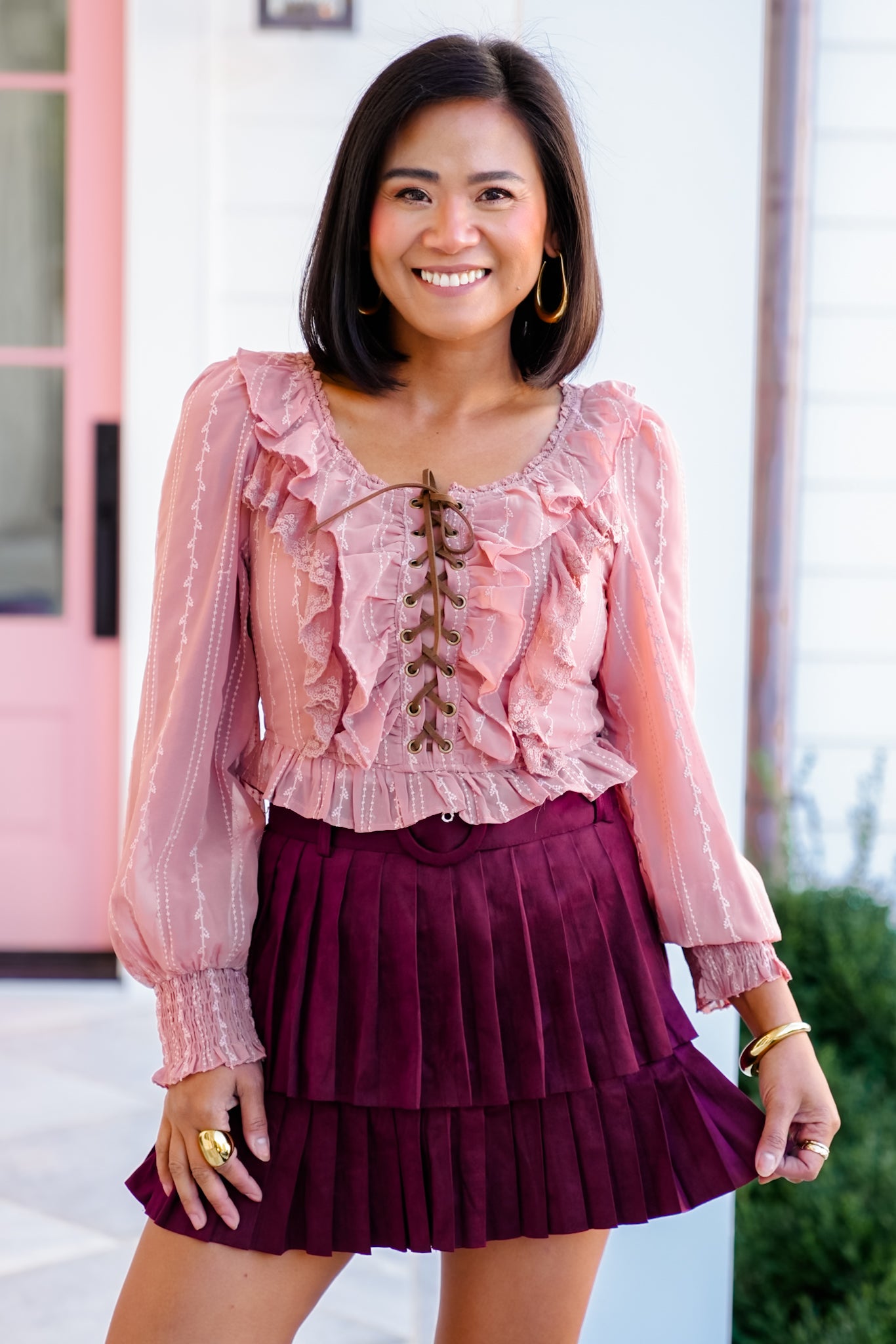 Long Sleeve Lace-Up Ruffle Blouse