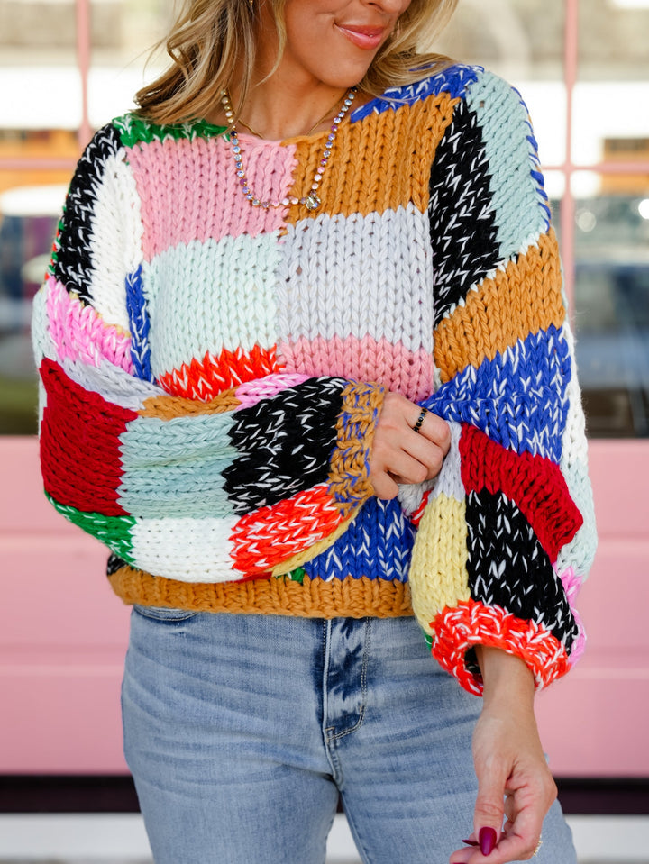 Multi Color Color Block Patch Long Sleeve Sweater - Freckled Poppy