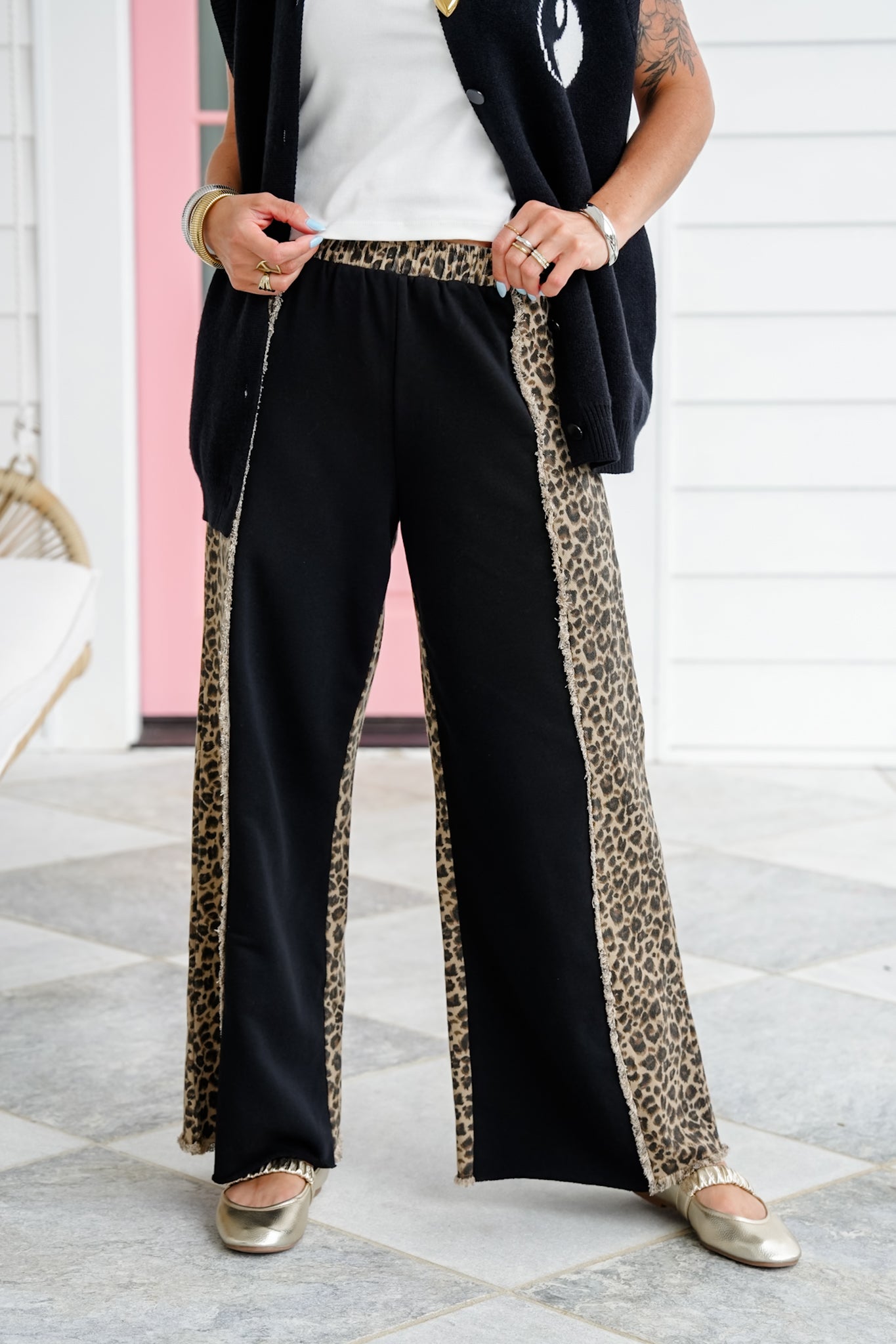 Black Wide Leg Elastic Waist Pants With Leopard Detail