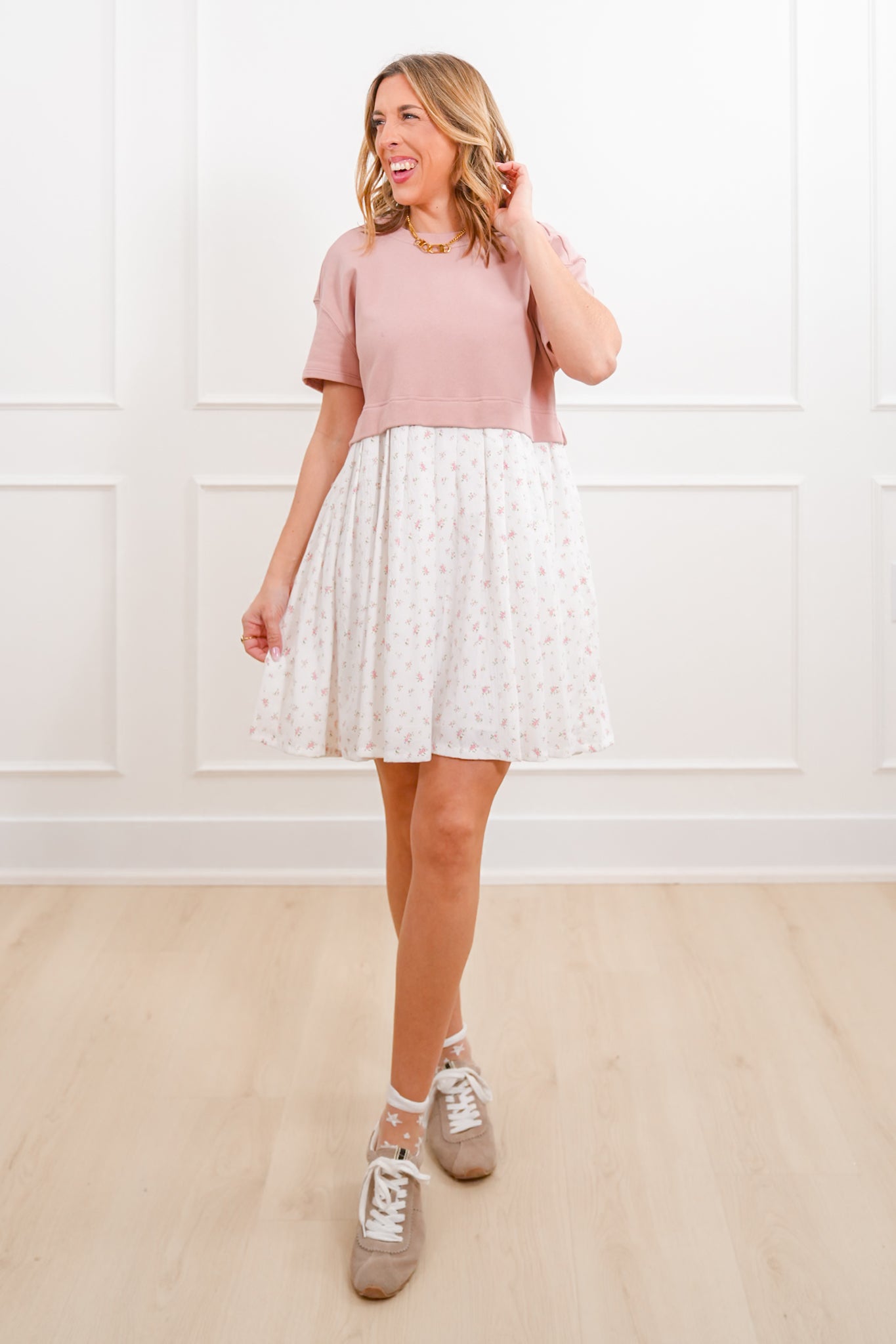 Short Sleeve Mixed Media Knit Floral Mini Dress