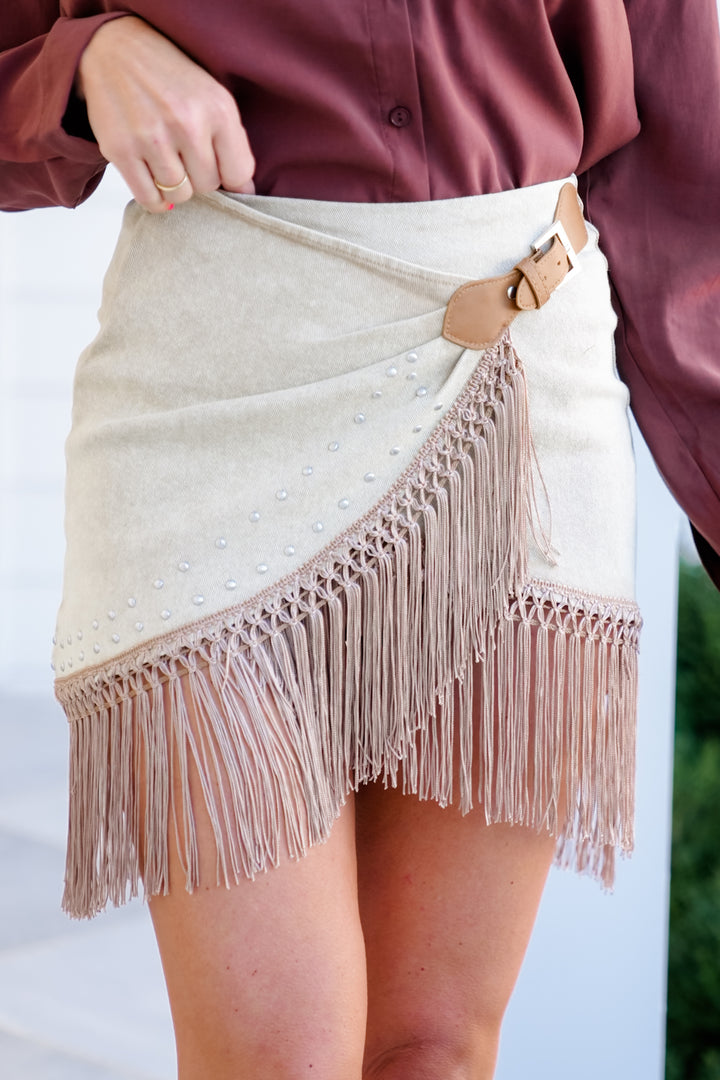 Camel Wrap Mini Skirt with Fringe