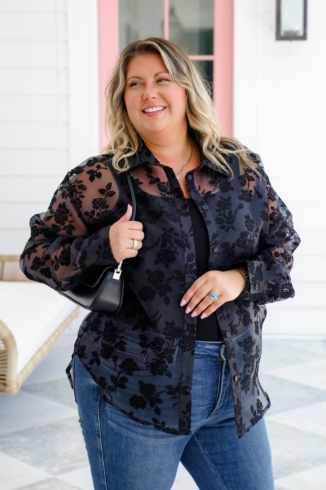 Plus/Reg Sheer Floral Long Sleeve Button Down Top