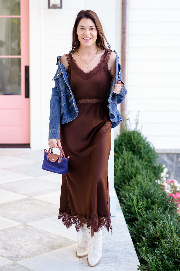 Brown Satin Sleeveless Maxi Dress with Lace Trim