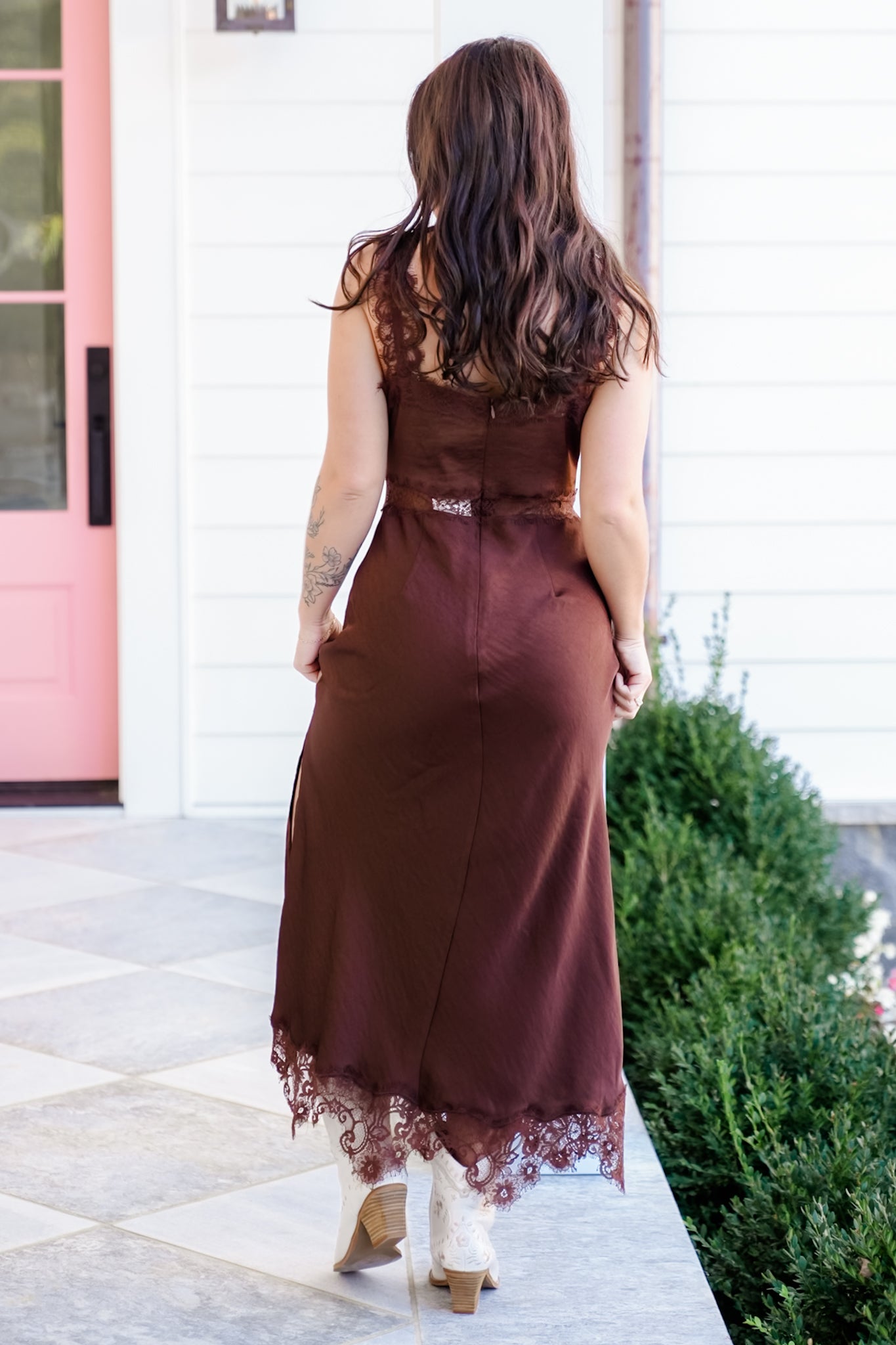 Brown Satin Sleeveless Maxi Dress with Lace Trim