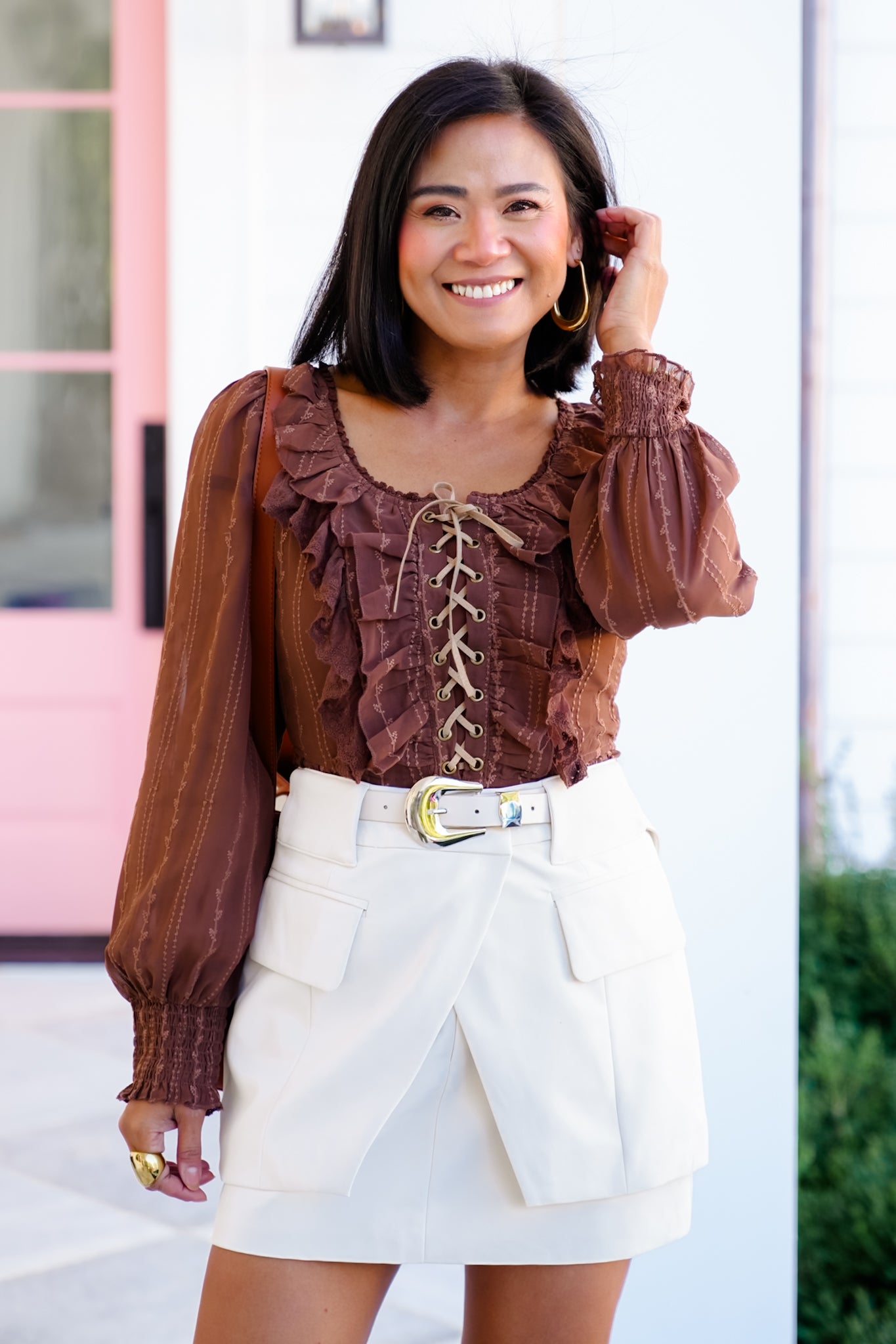 Long Sleeve Lace-Up Ruffle Blouse