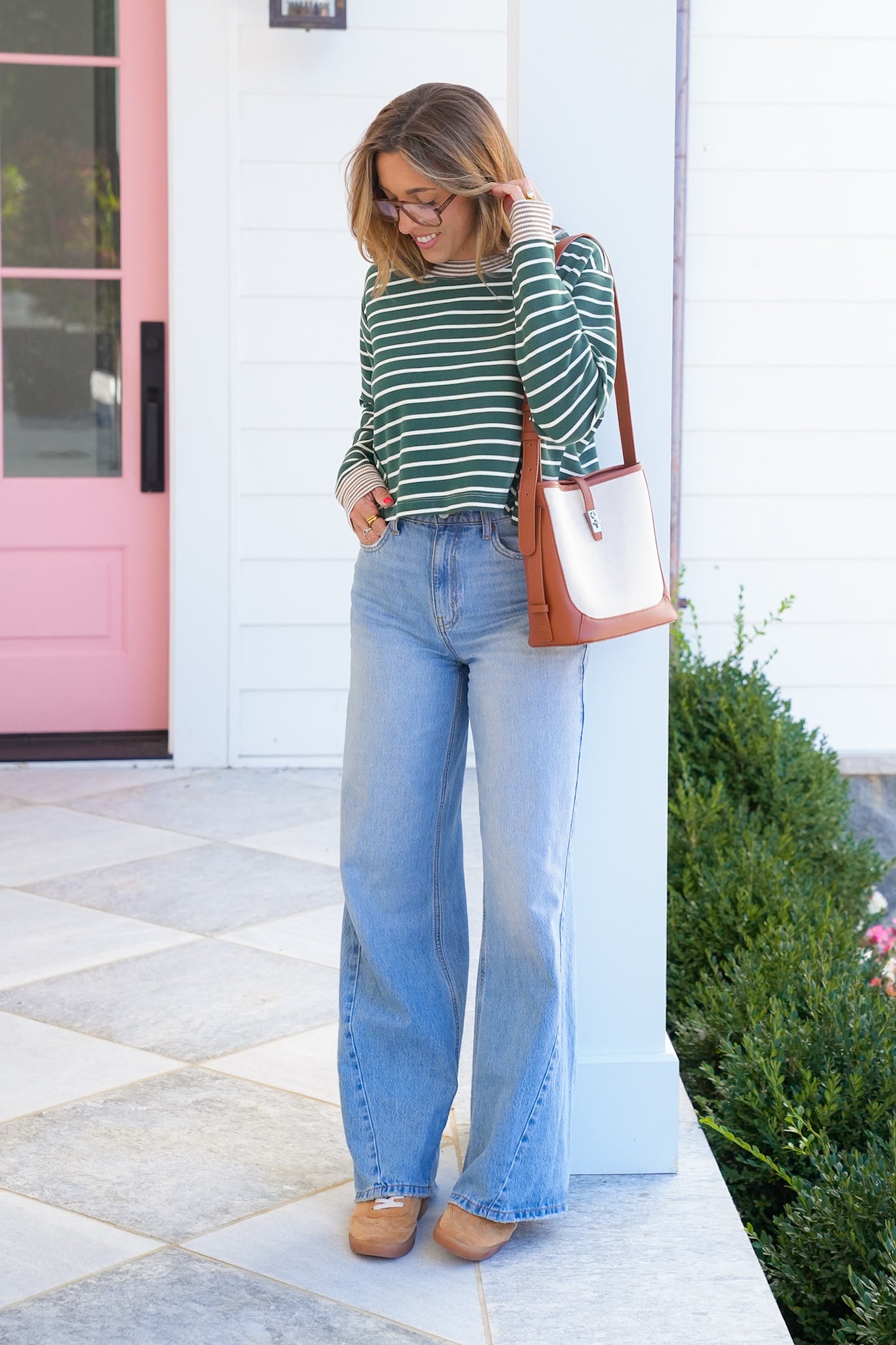 Stripe Long Sleeve Cropped Top with Reverse Seam