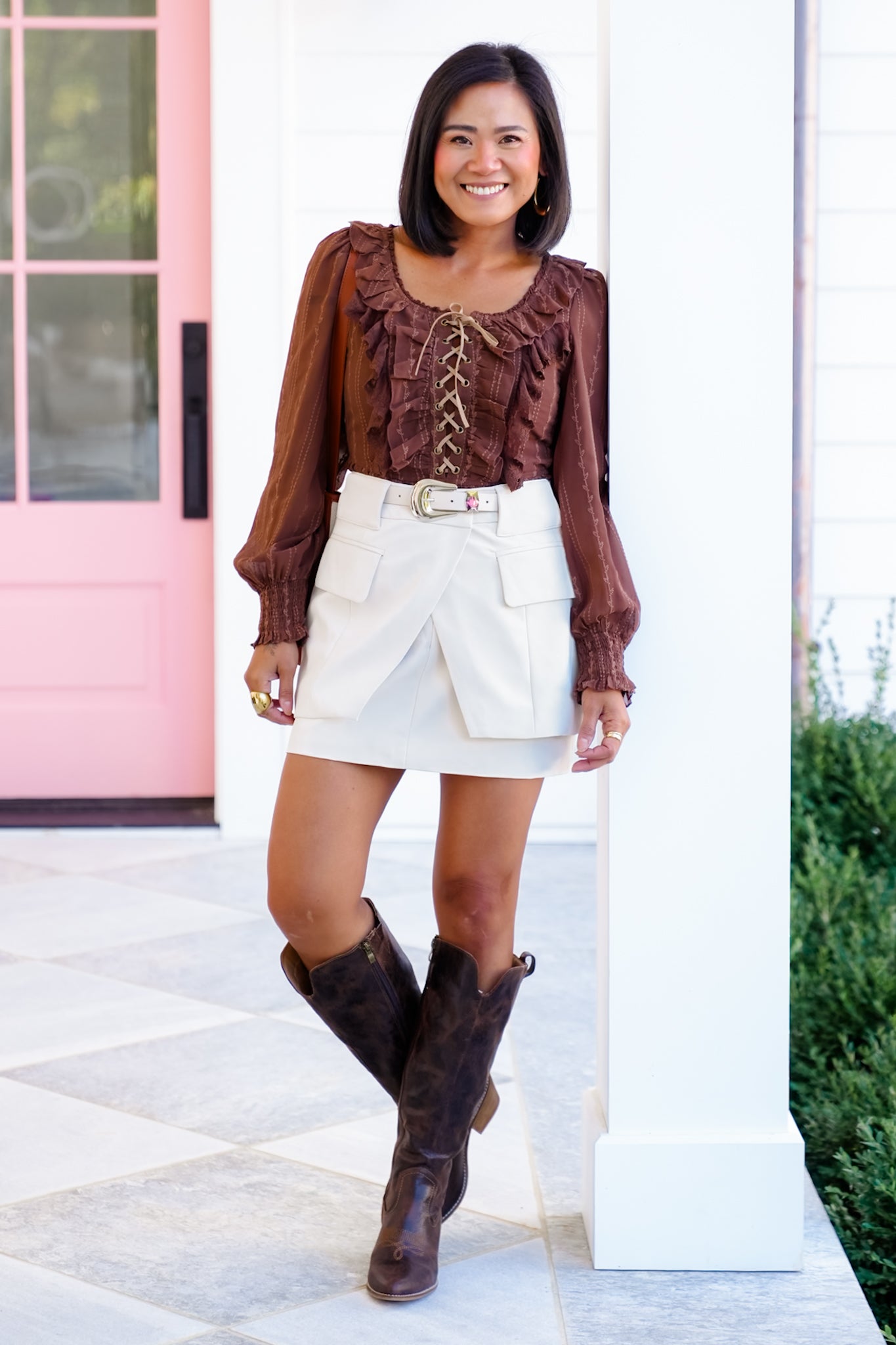 Long Sleeve Lace-Up Ruffle Blouse