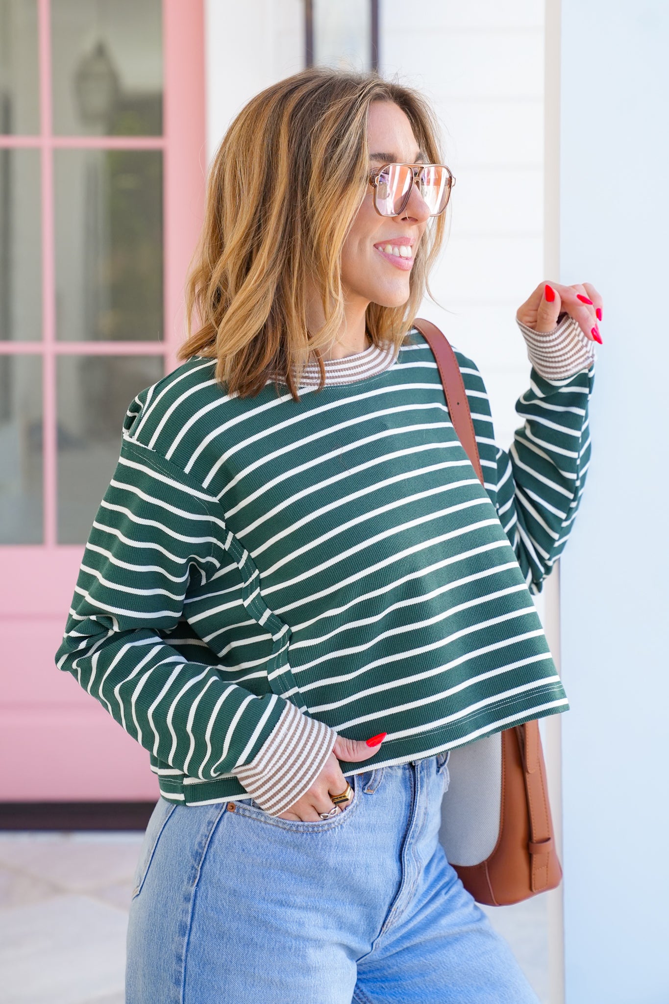 Stripe Long Sleeve Cropped Top with Reverse Seam