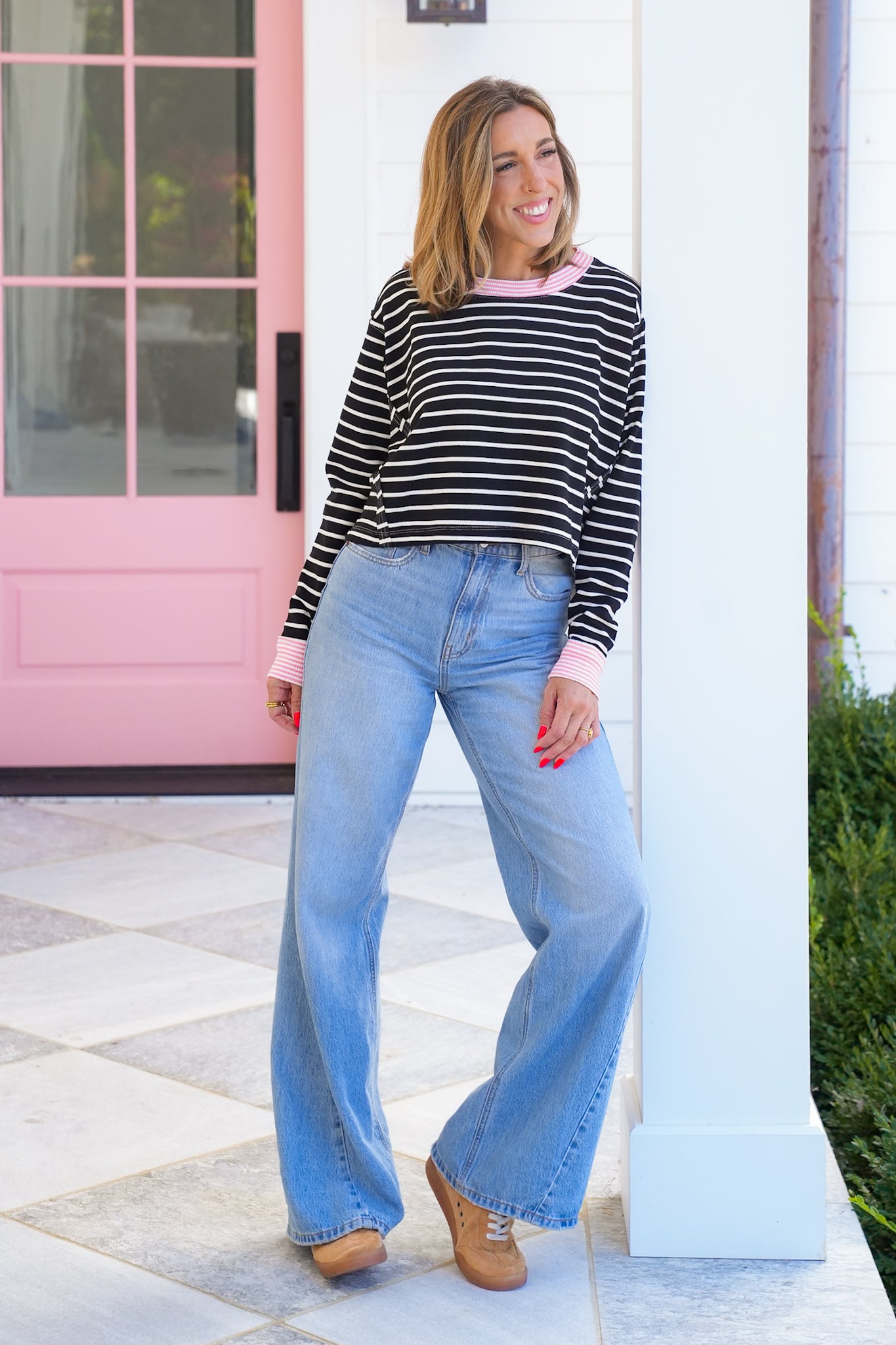 Stripe Long Sleeve Cropped Top with Reverse Seam