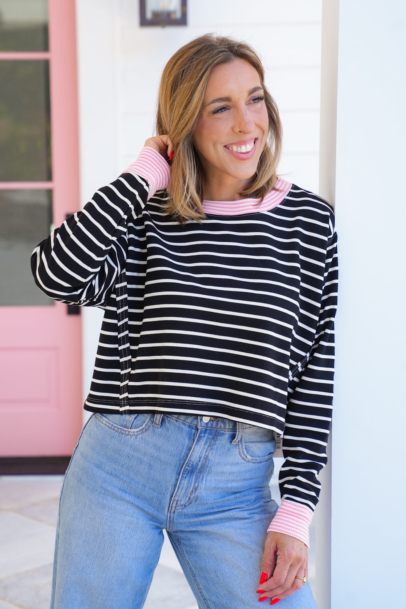 Stripe Long Sleeve Cropped Top with Reverse Seam