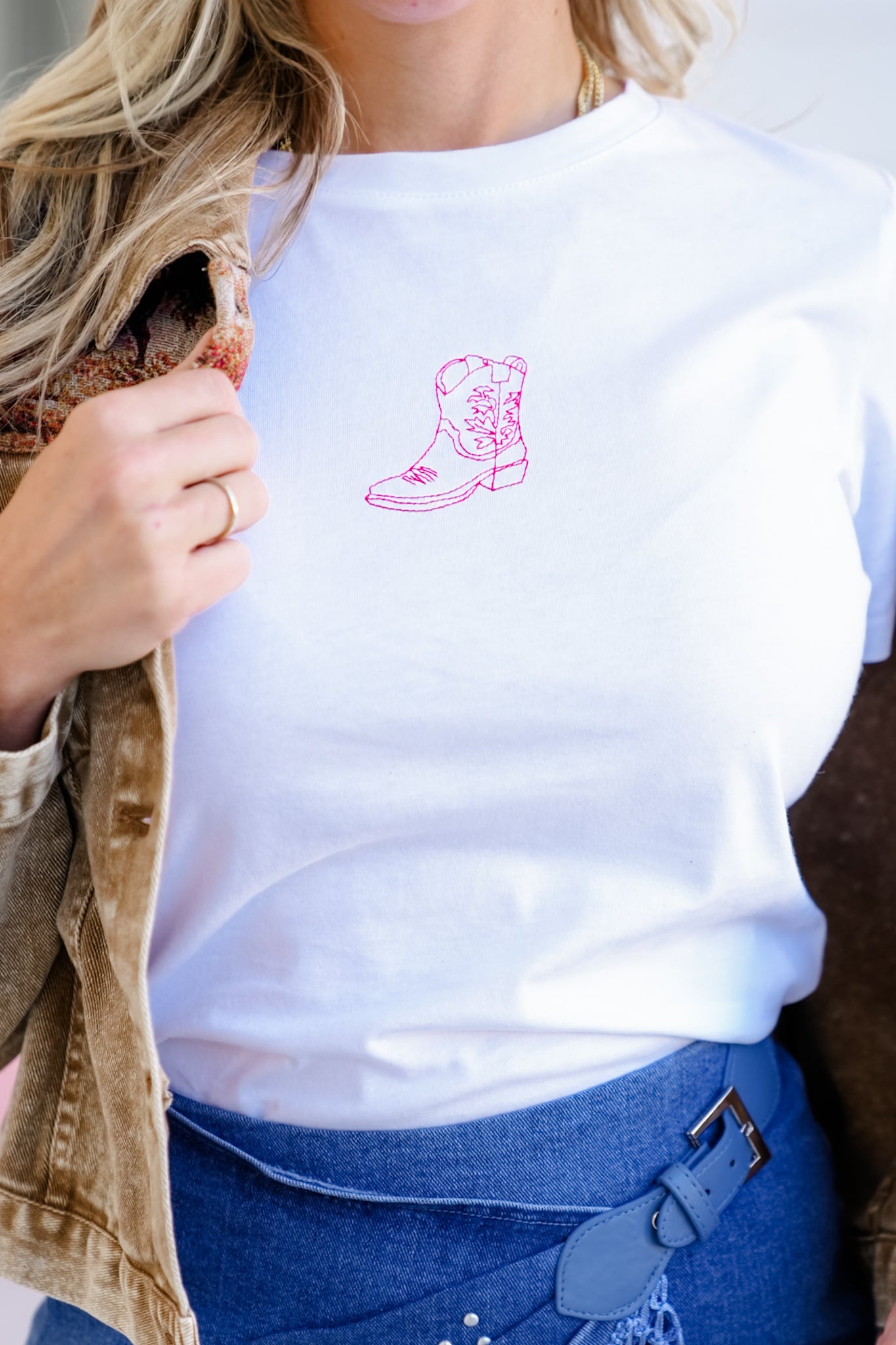 Cowboy Boot Embroidered Knit Short Sleeve Top