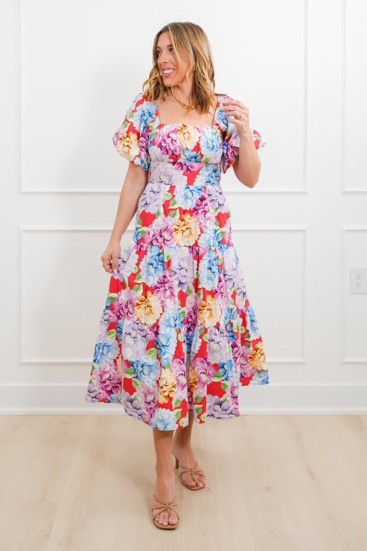 Floral Short Puff Sleeve Tiered Maxi Dress - Freckled Poppy
