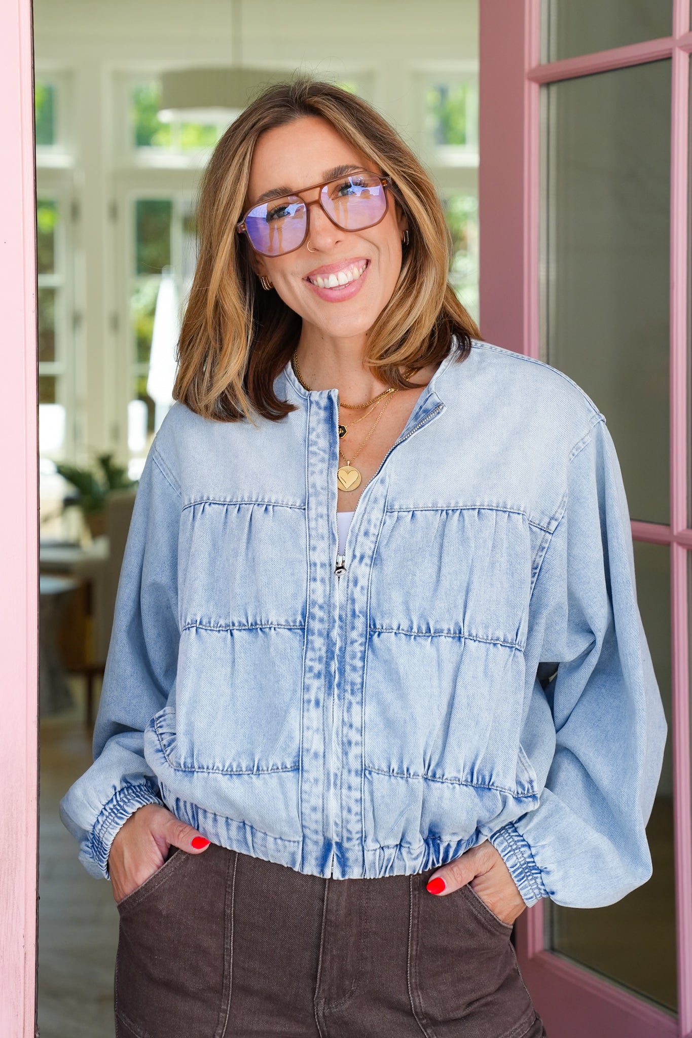 Light Wash Long Dolman Sleeve Zip-Up Jacket