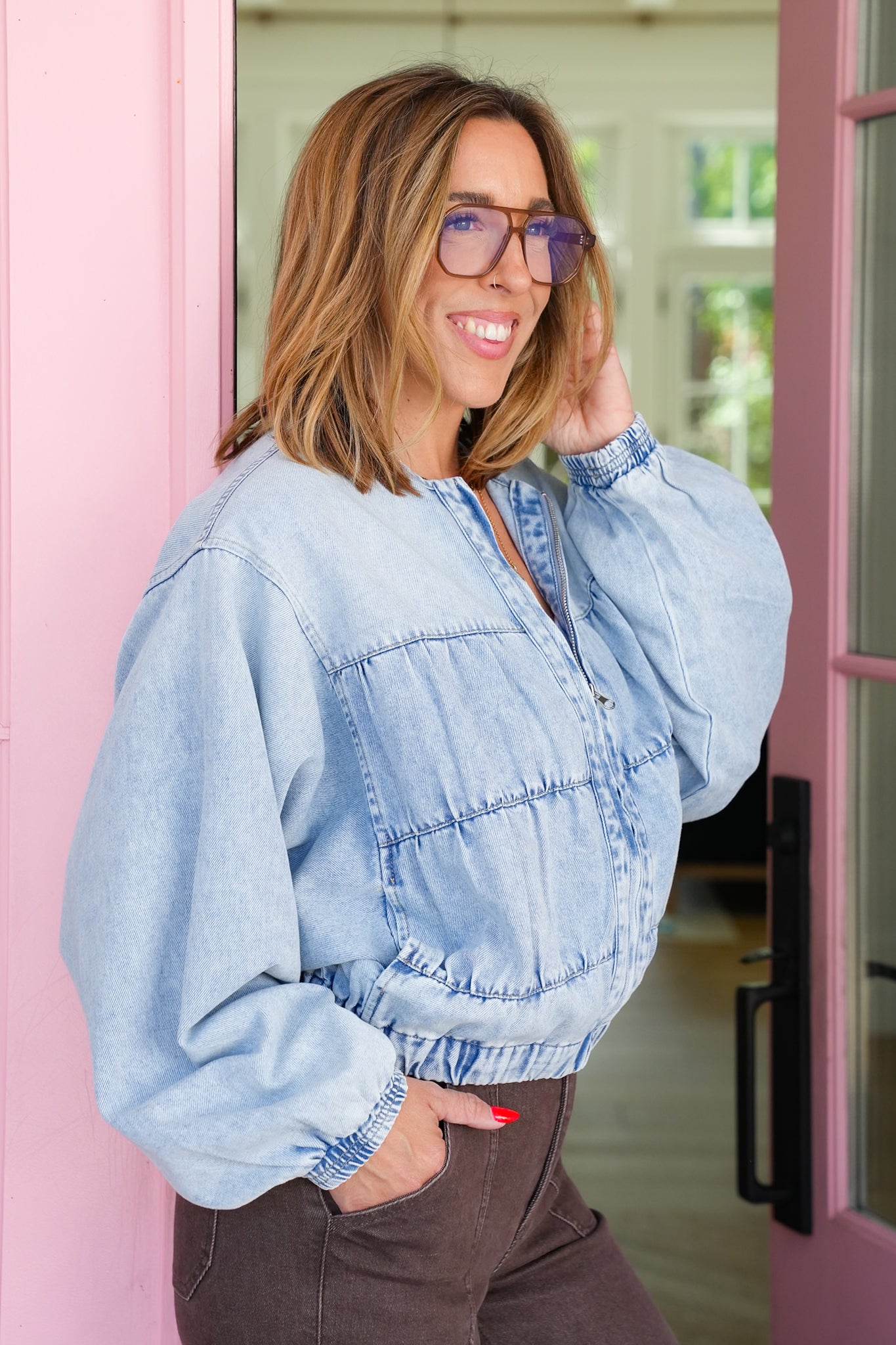 Light Wash Long Dolman Sleeve Zip-Up Jacket
