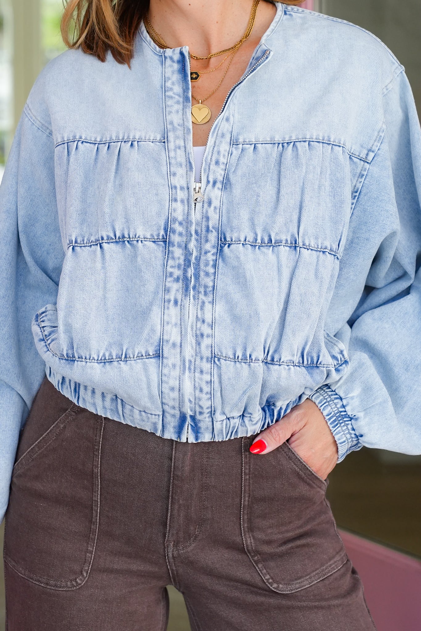 Light Wash Long Dolman Sleeve Zip-Up Jacket
