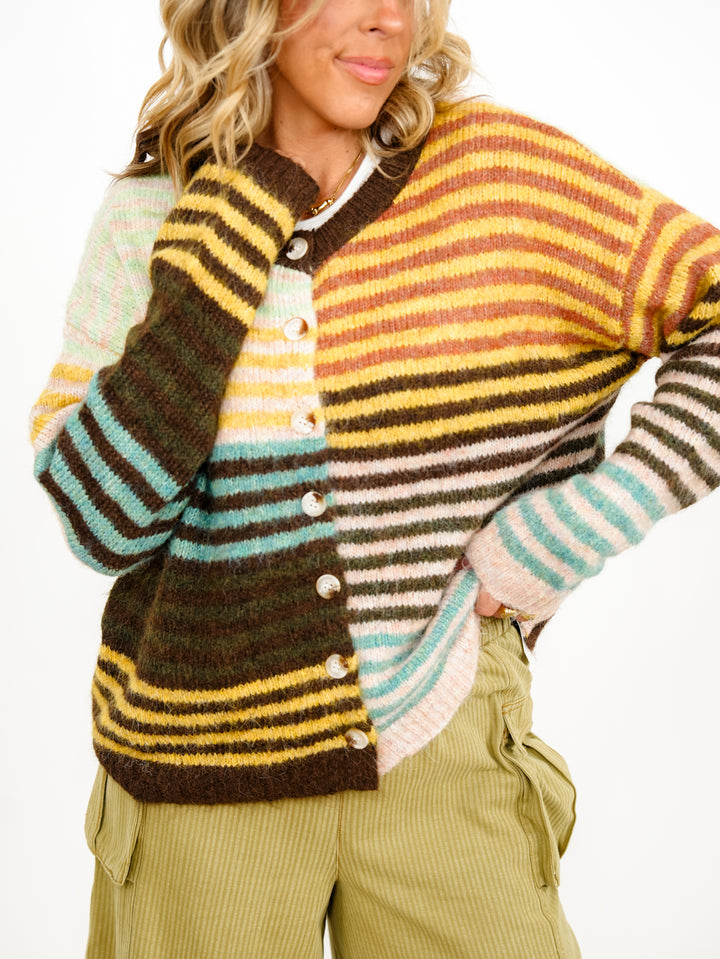Plus/Reg Color Block Stripe Long Sleeve Button Down Cardigan