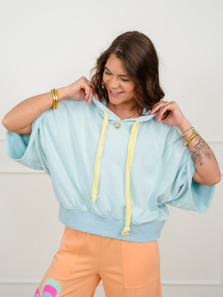 Blue Short Sleeve Top With Hood