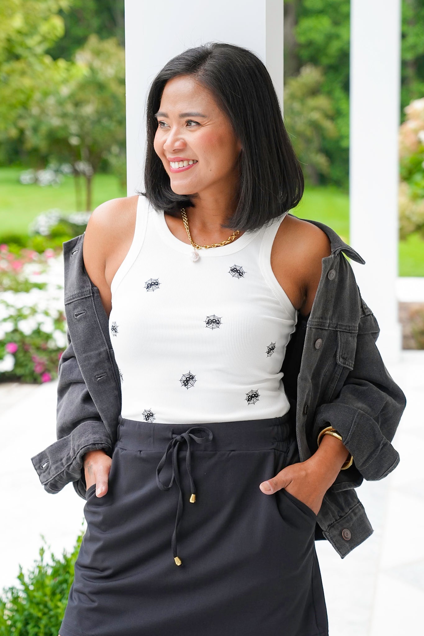 Plus/Reg Ribbed Boo Tank Top with Embroidered Spiderwebs