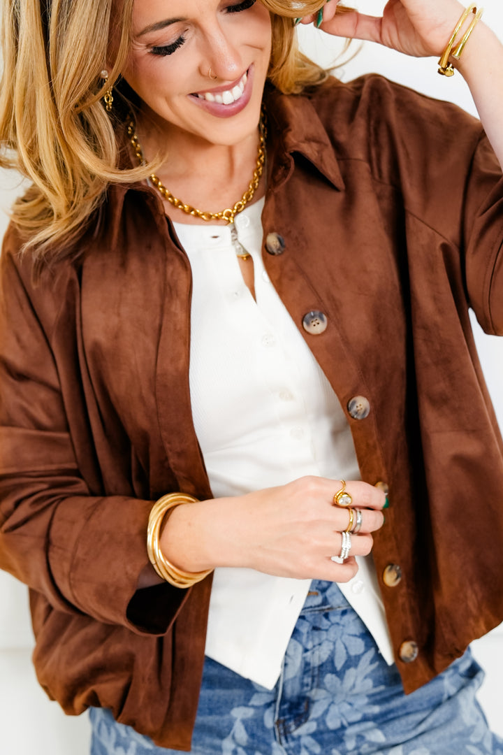 Vegan Suede Long Sleeve Button-up Jacket